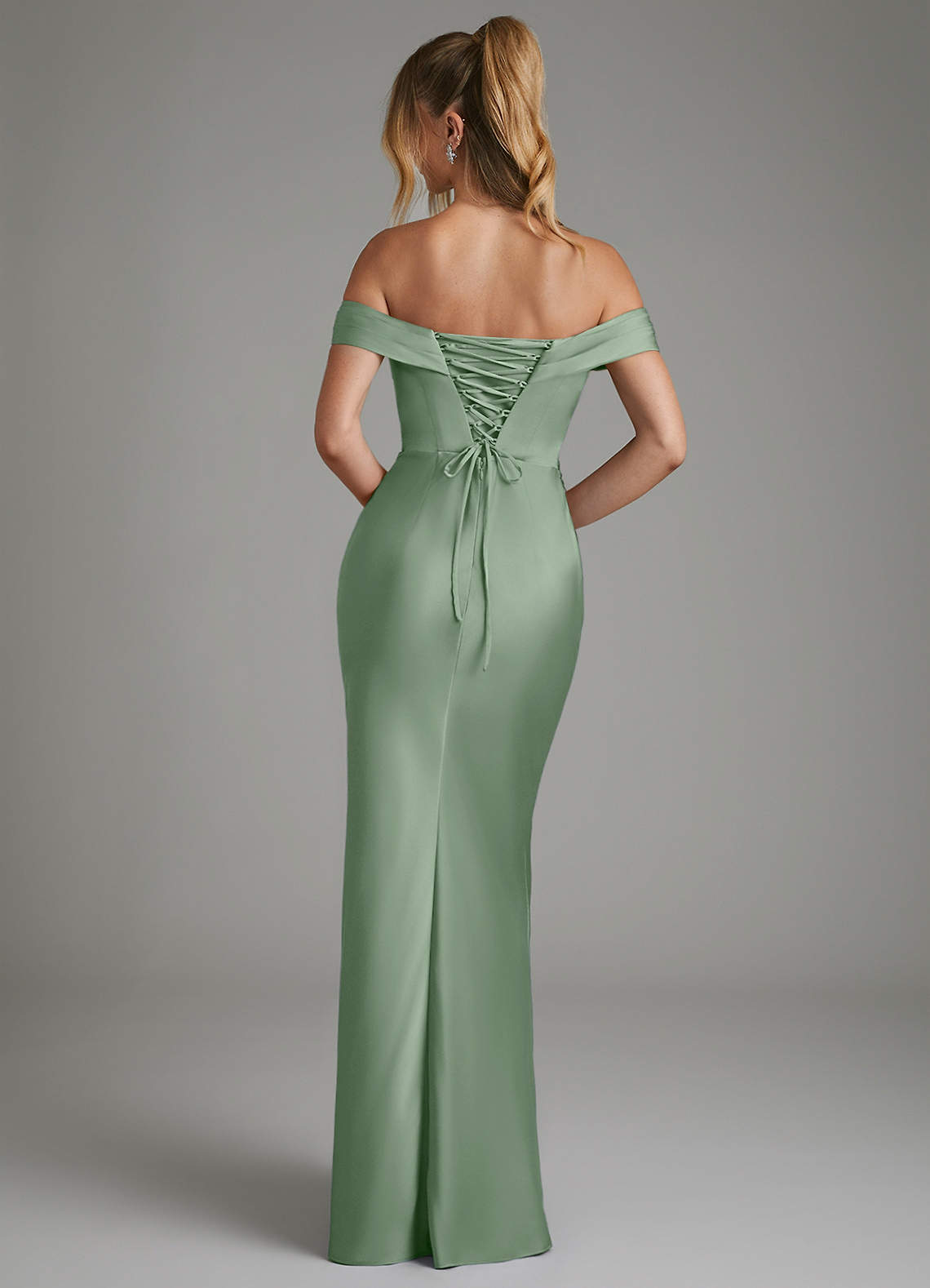 Hayden Mermaid Off-the-Shoulder Stretch Satin Bridesmaid Dress in Matcha