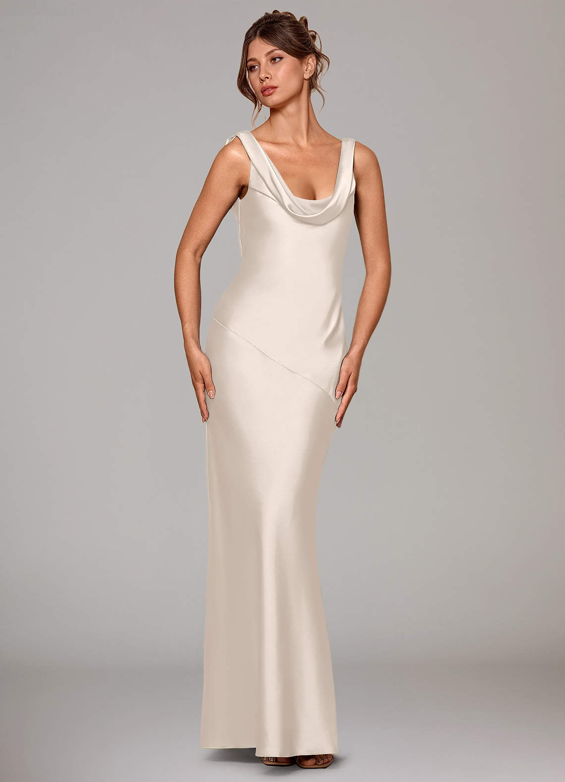 Rylina Mermaid Cowl-Neck Stretch Satin Bridesmaid Dress in White Alabaster