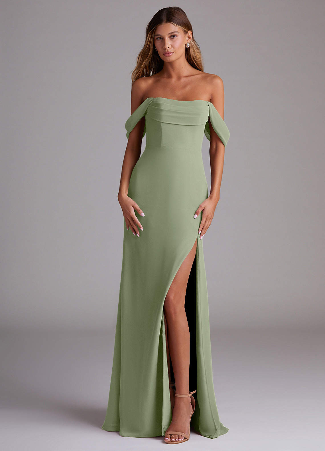 Saige A-Line Off-the-Shoulder Chiffon Bridesmaid Dress in Pistachio