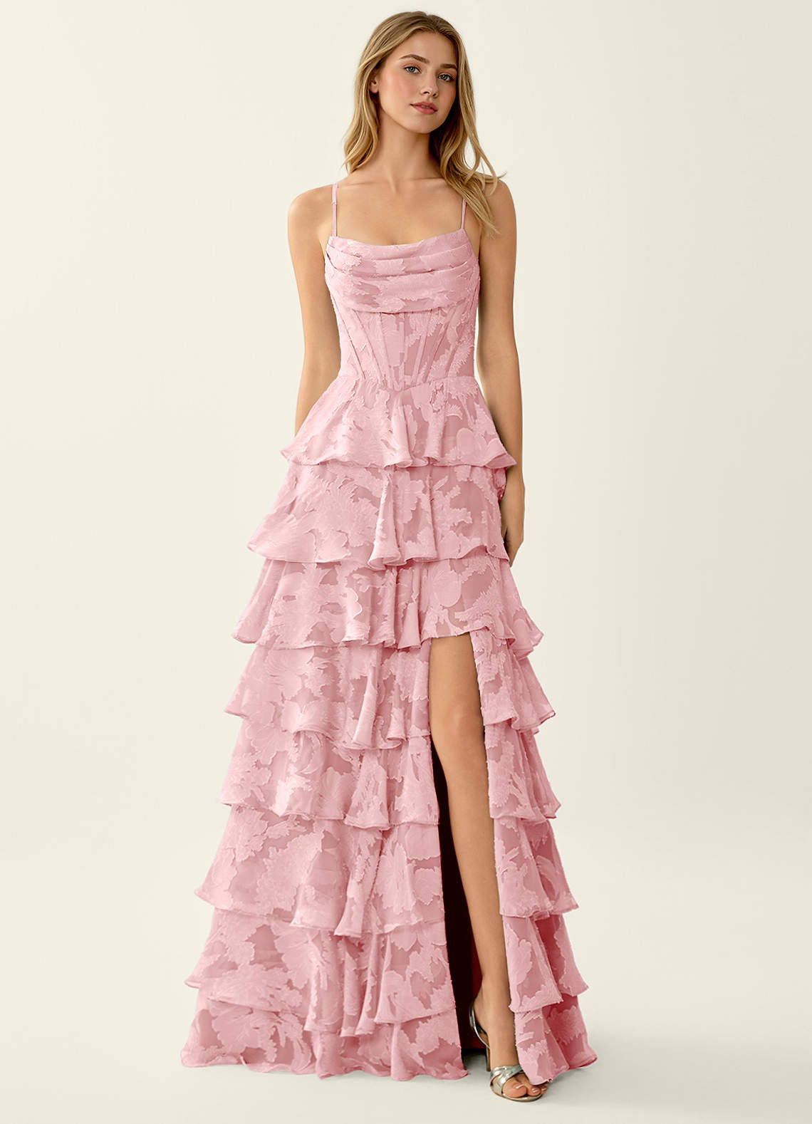 Wrenana A-Line Cowl-Neck Floral Burnout Evening Dress in Coral Pink