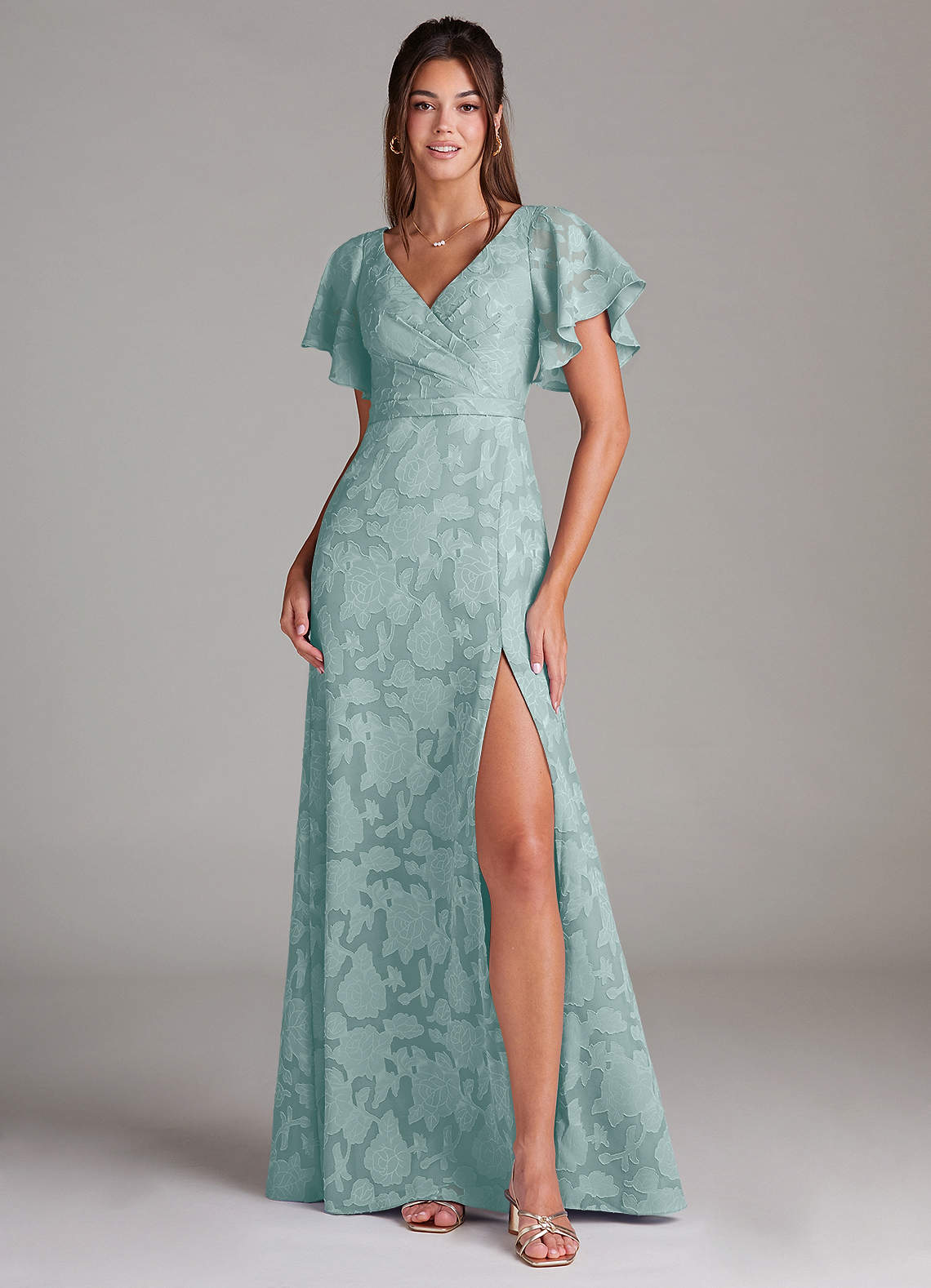 Ambrosia A-Line V-Neck Floral Burnout Bridesmaid Dress in Mist