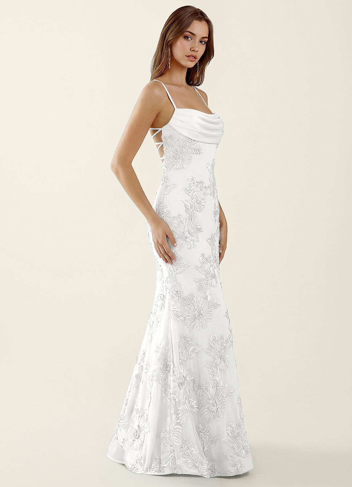 Bellatrix Mermaid Spaghetti-Strap Stretch Lace Evening Dress in white
