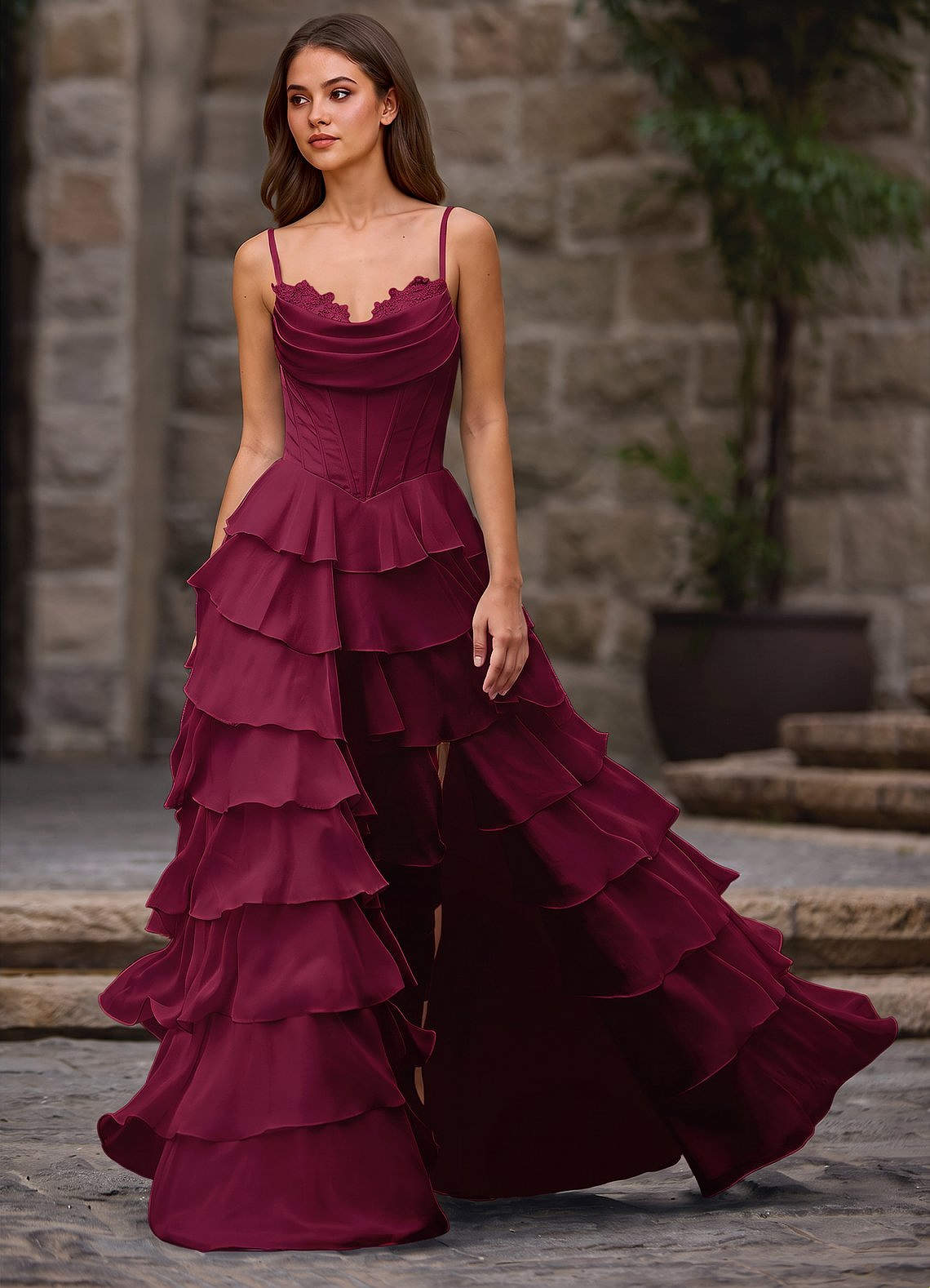 Floralace A-Line Ruffle Chiffon Evening Dress in Merlot