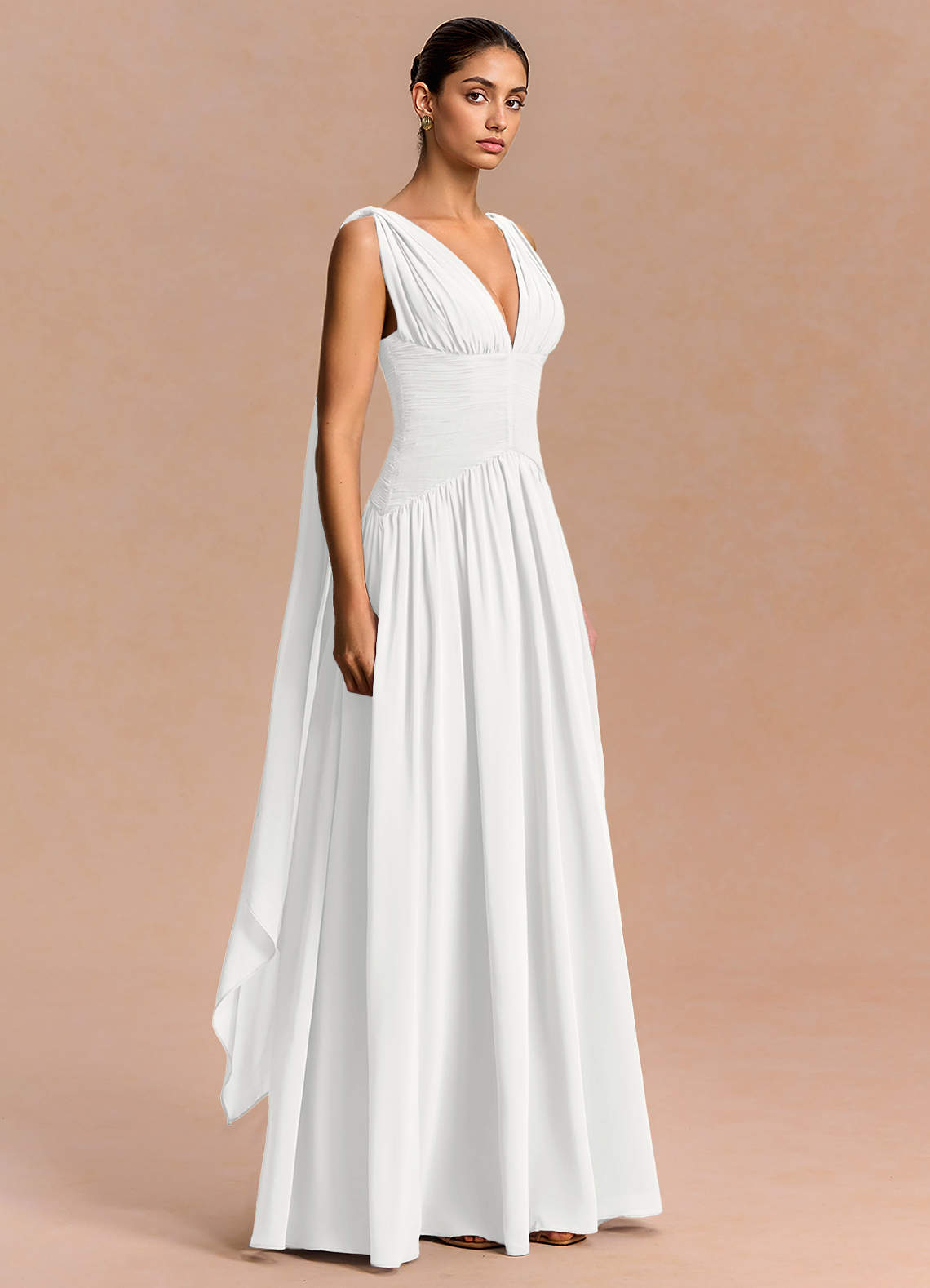 Eluney A-Line V-Neck Chiffon Evening Dress in White