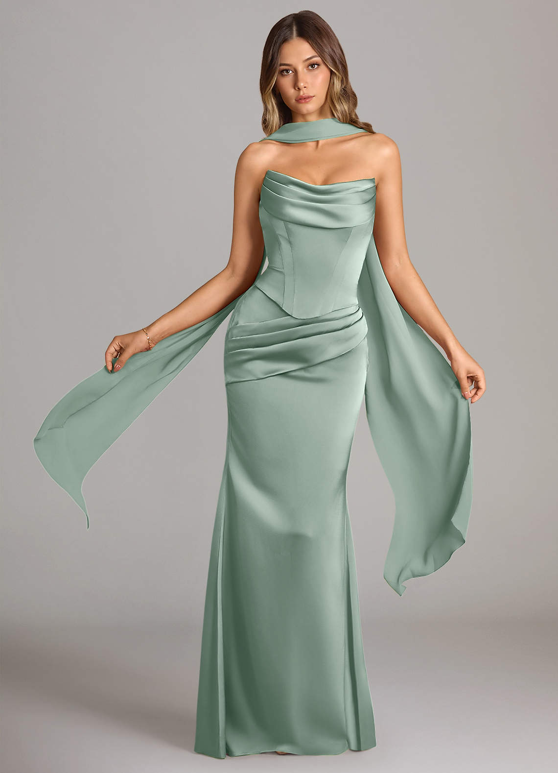 Sorrel Mermaid Cowl-Neck Stretch Satin and Chiffon Bridesmaid Dress in Agave
