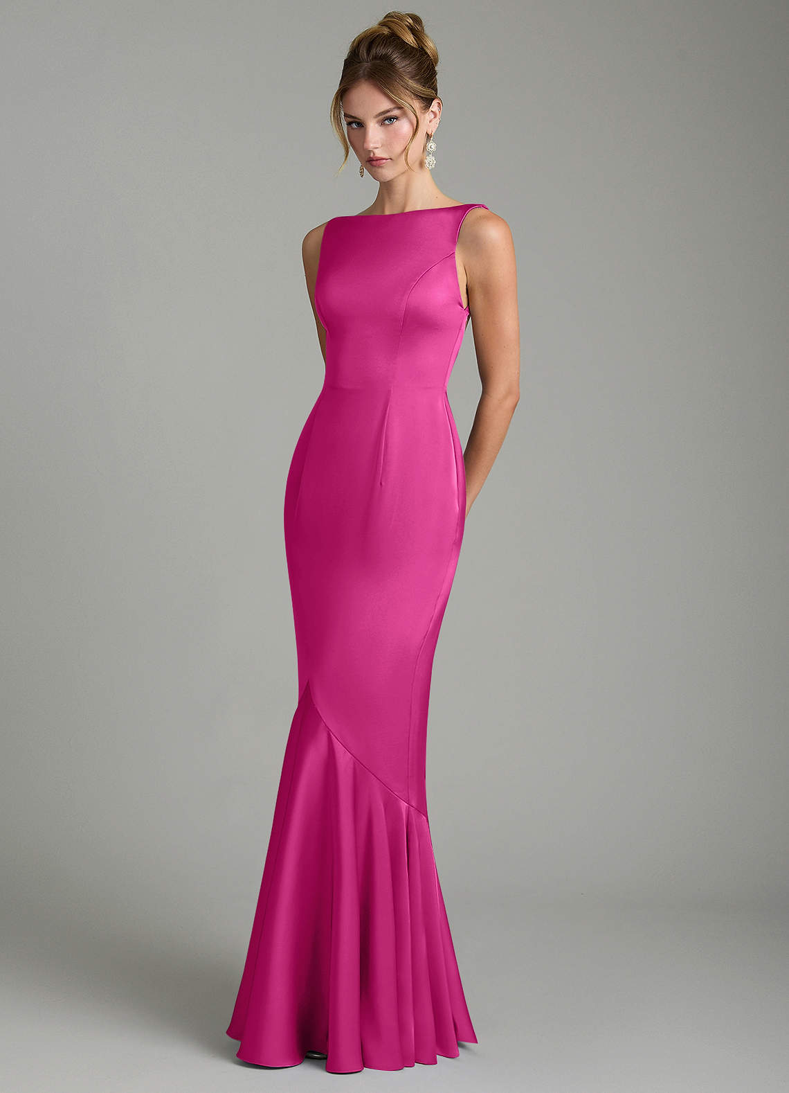 Tamera Mermaid Boat-Neck Stretch Satin and Chiffon Bridesmaid Dress in Fuchsia