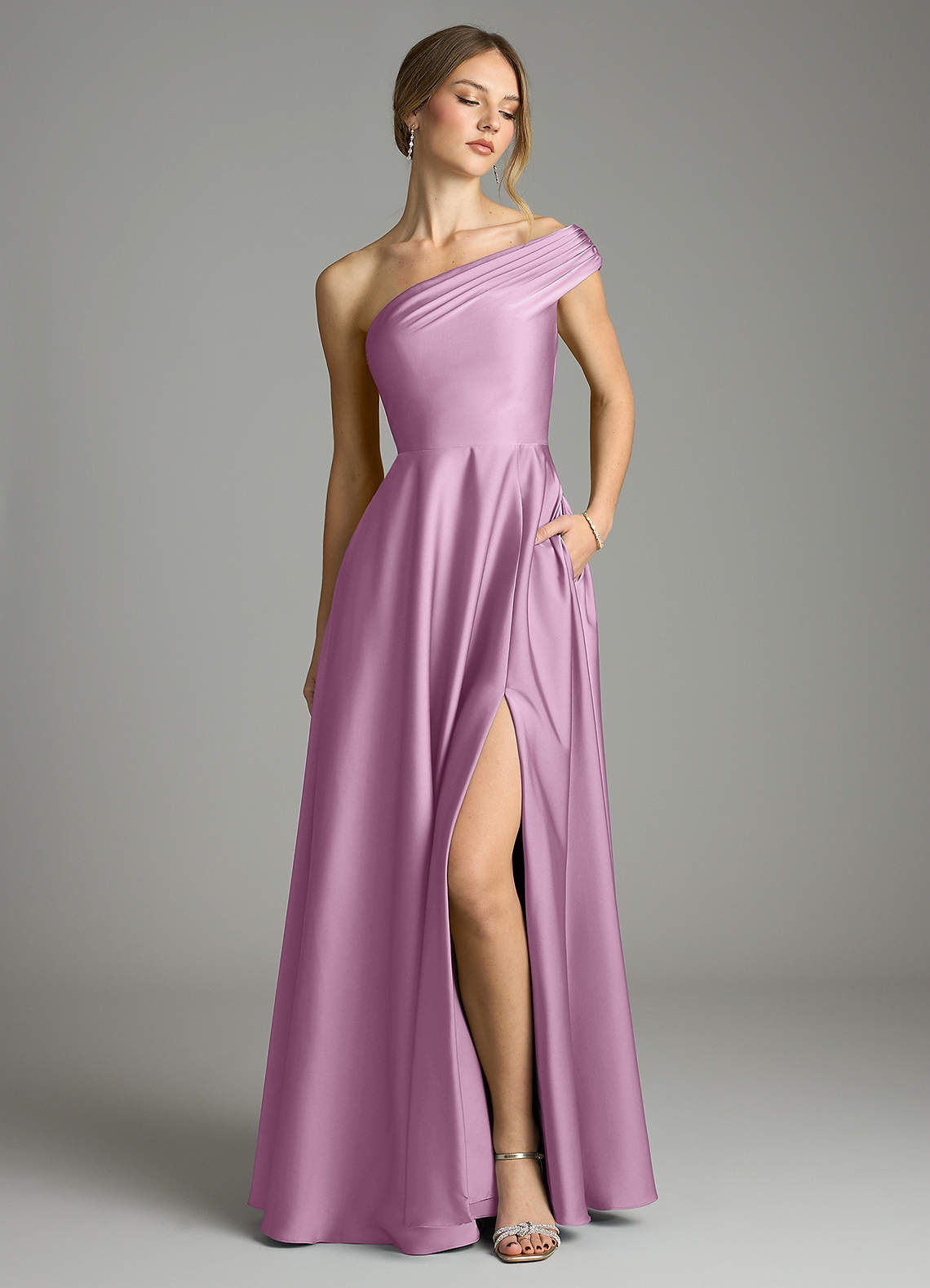 Melanie A-Line One-Shoulder Stretch Satin Bridesmaid Dress in Wisteria