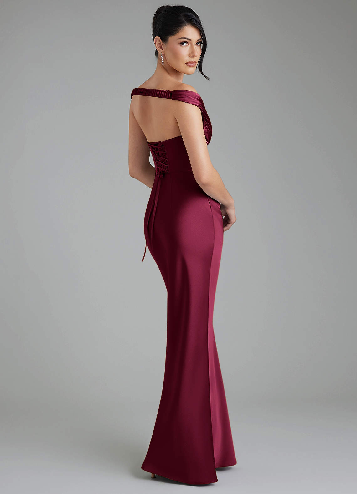 Stella Sheath V-Neck Stretch Satin Bridesmaid Dress in Burgundy