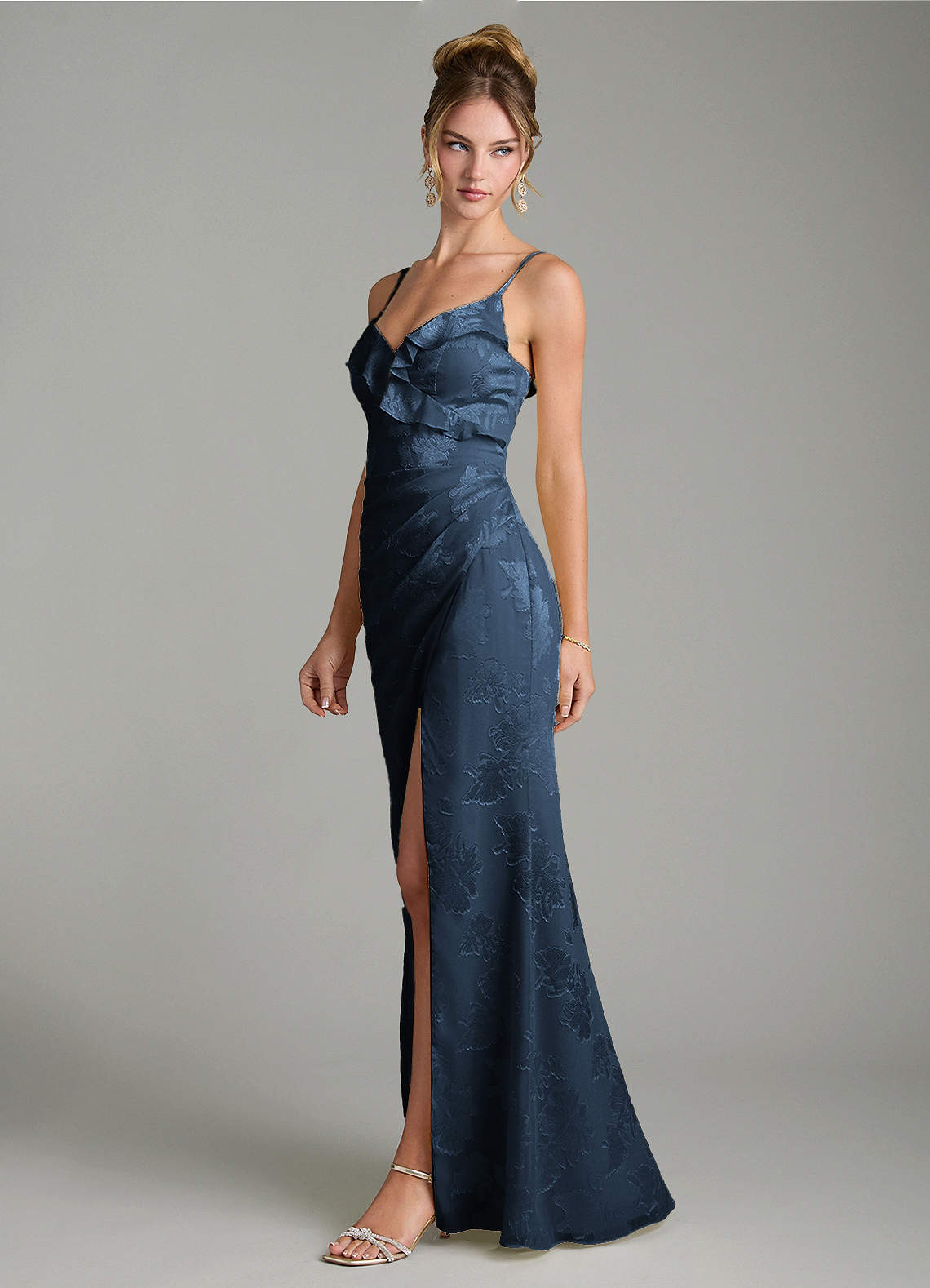 Larsa Mermaid V-Neck Jacquard Bridesmaid Dress in Dark Navy