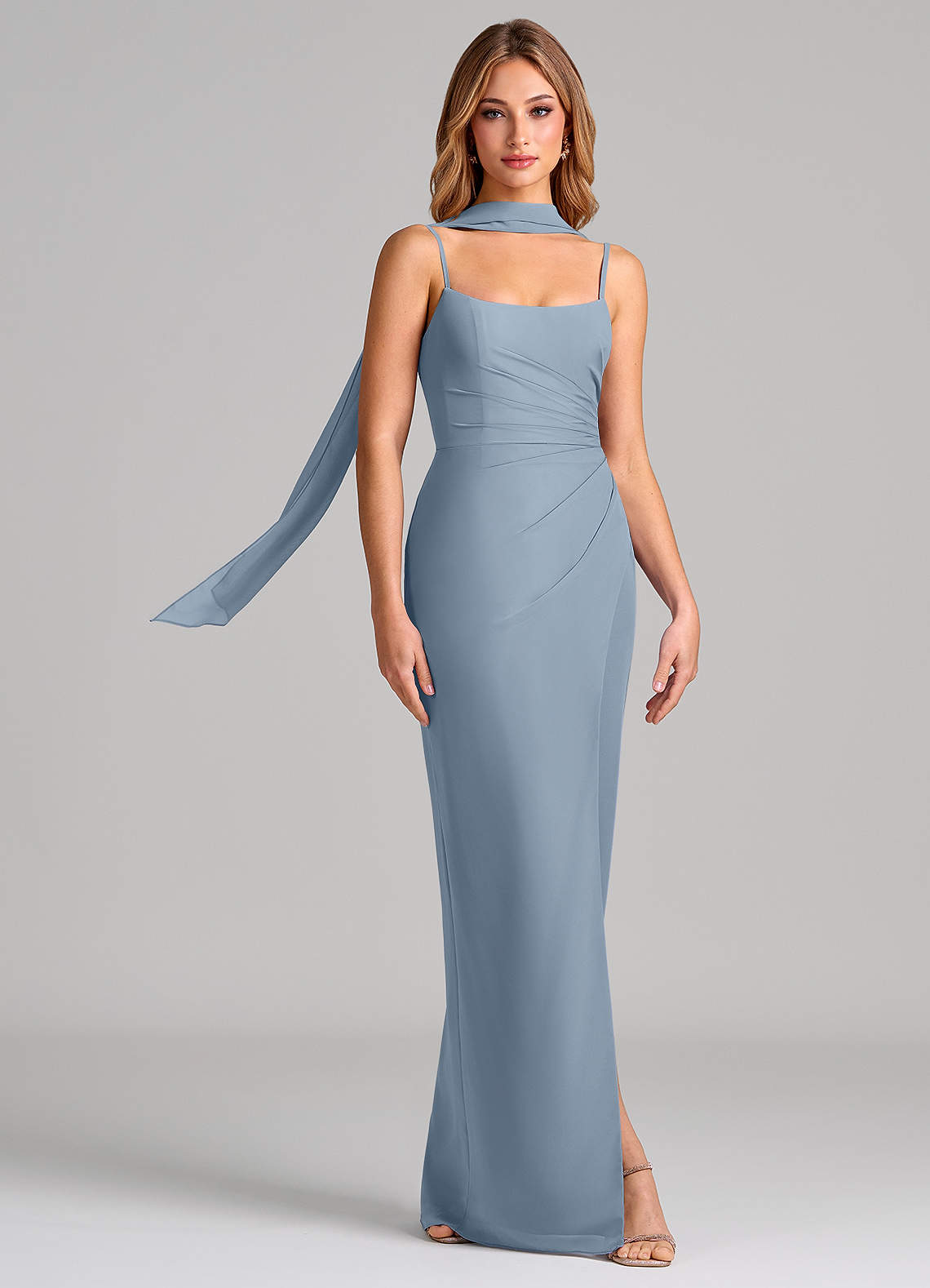 Calandra Sheath Scoop-Neck Chiffon Bridesmaid Dress in dusty blue