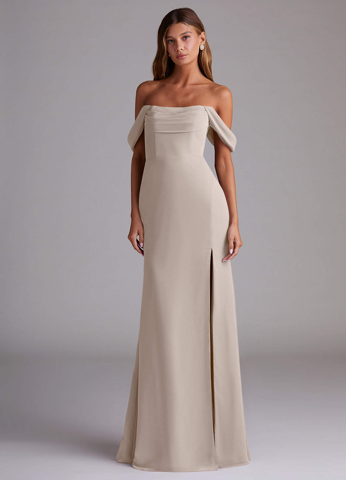 Saige A-Line Off-the-Shoulder Chiffon Bridesmaid Dress in Frost