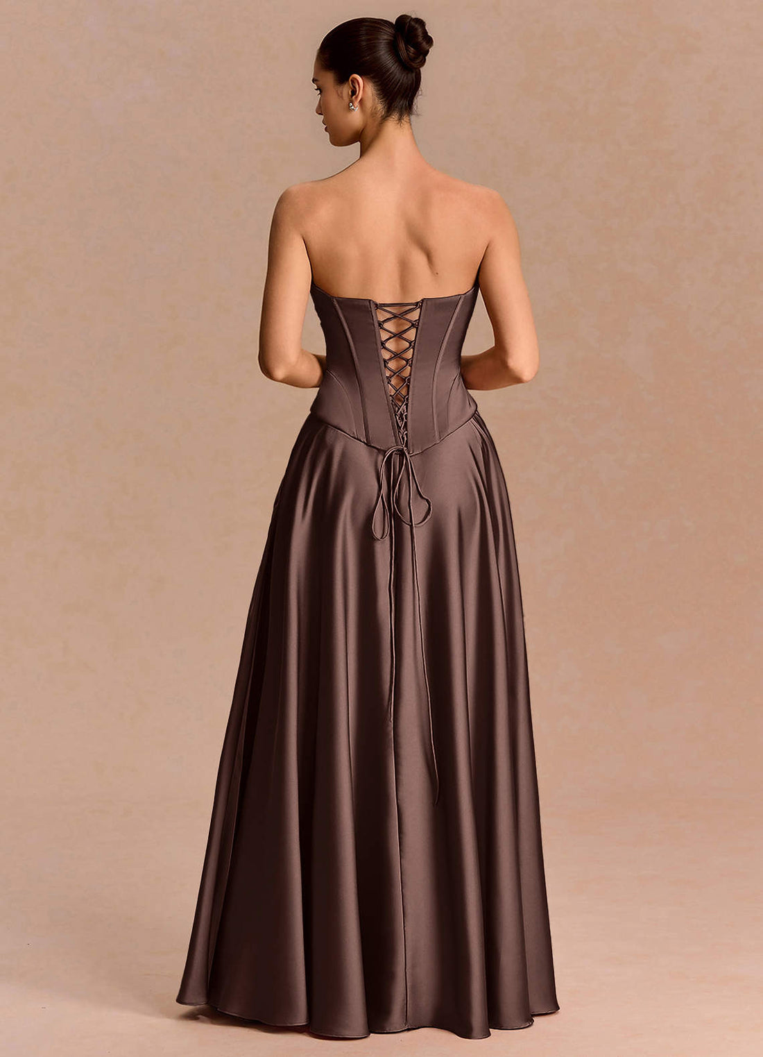 Eponine A-Line Pleated Stretch Satin Evening Dress in Truffle