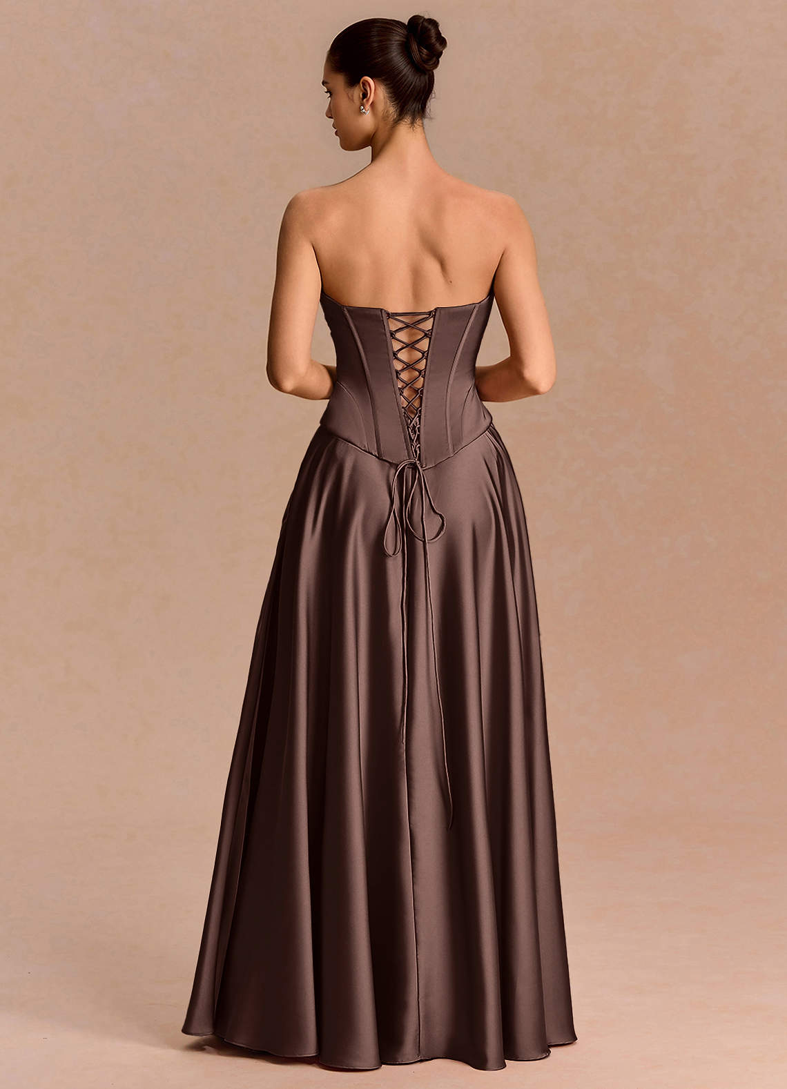 Eponine A-Line Pleated Stretch Satin Evening Dress in Truffle