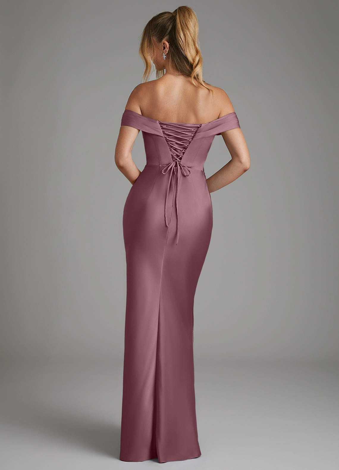 Hayden Mermaid Off-the-Shoulder Stretch Satin Bridesmaid Dress in Amethyst