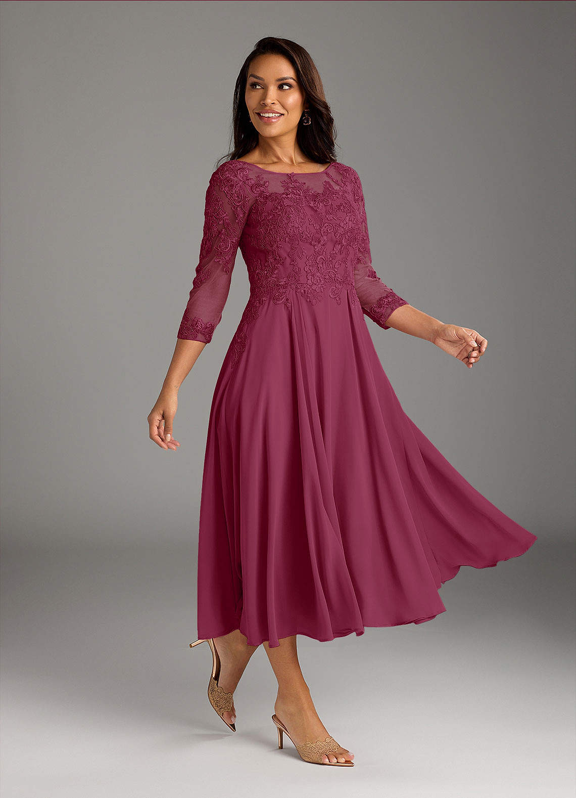 Marge A-Line Scoop-Neck Chiffon and Lace Mother of the Bride Dress in Mulberry
