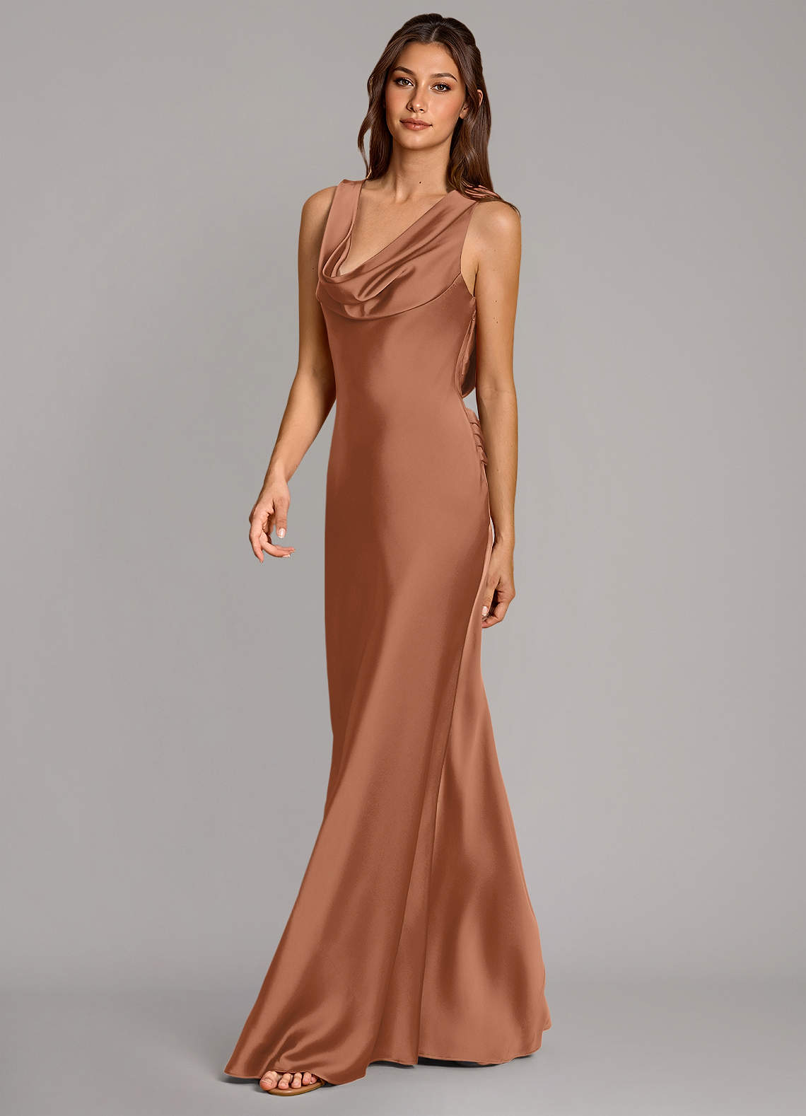 Cheryl Mermaid Cowl-Neck Stretch Satin Bridesmaid Dress in Bronzer