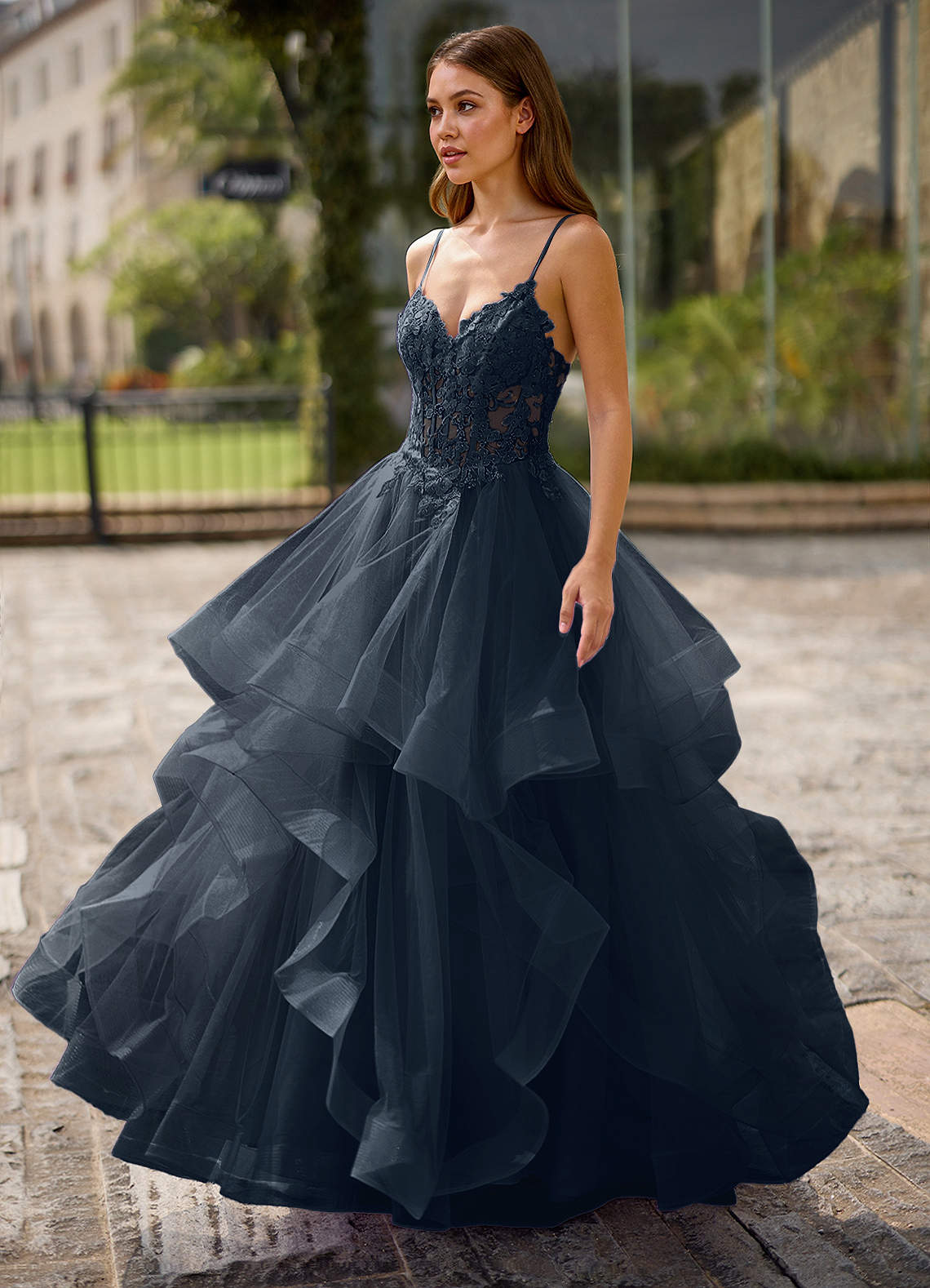 Spitze Ball Gown Sweetheart Lace Tulle Evening Dress in Navy