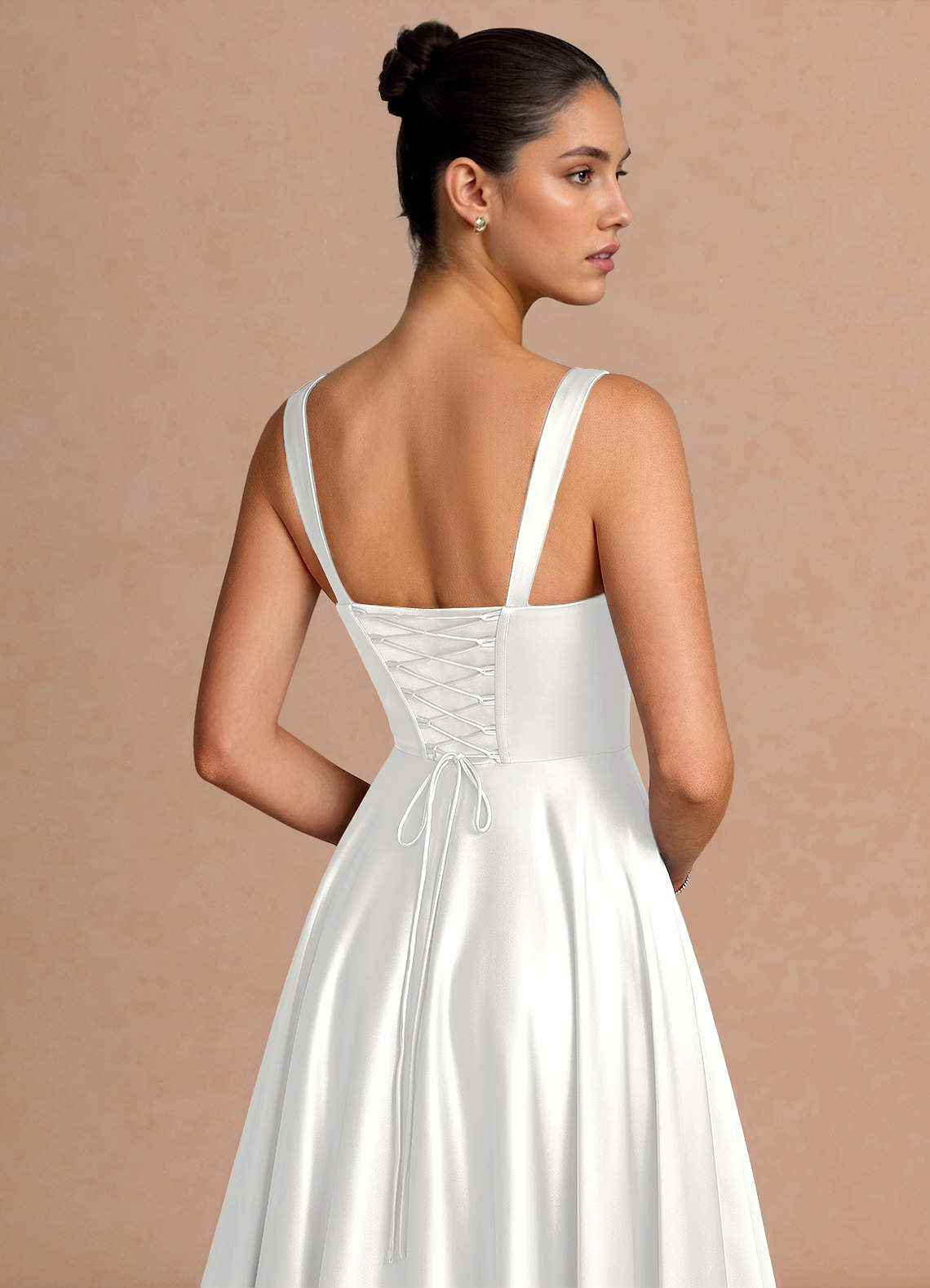 Azaria A-Line Square-Neck Stretch Satin Wedding Guest Dress in White