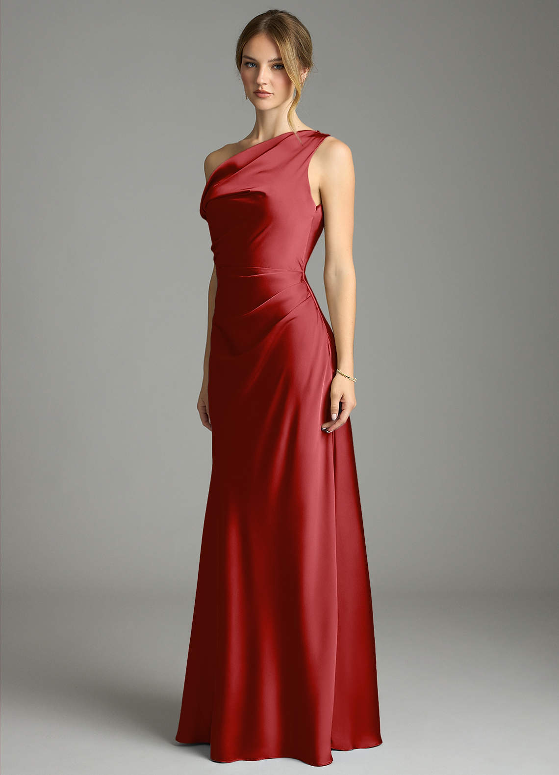 Emerson Mermaid One-Shoulder Stretch Satin Bridesmaid Dress in Pomegranate