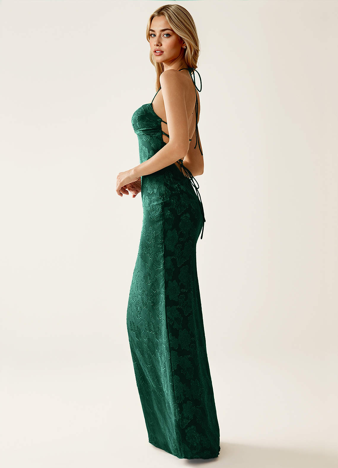 Angena Sheath Halter Floral Burnout Evening Dress in Hunter Green