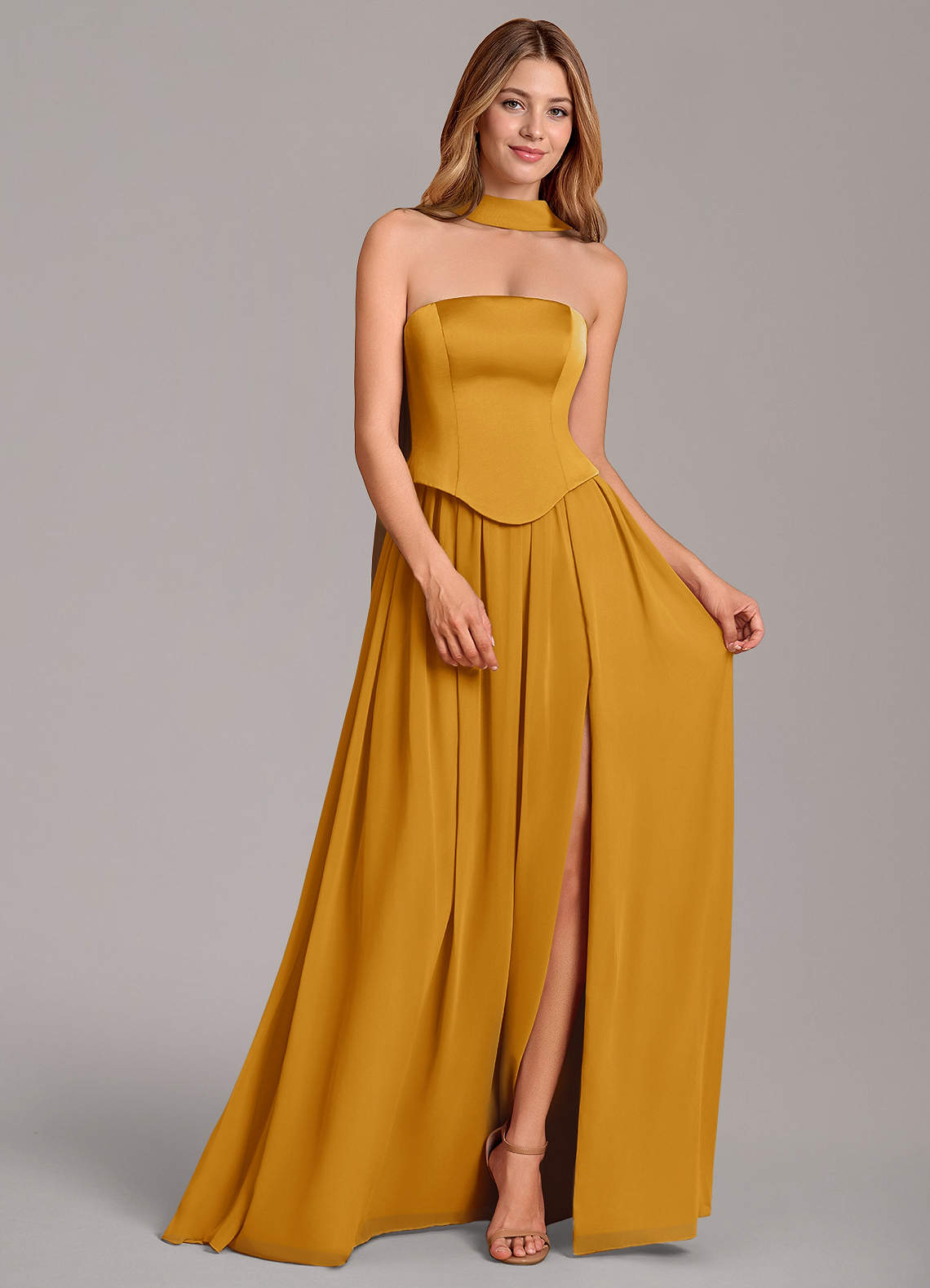 Cadence A-Line Strapless Chiffon and Stretch Satin Bridesmaid Dress in butterscotch