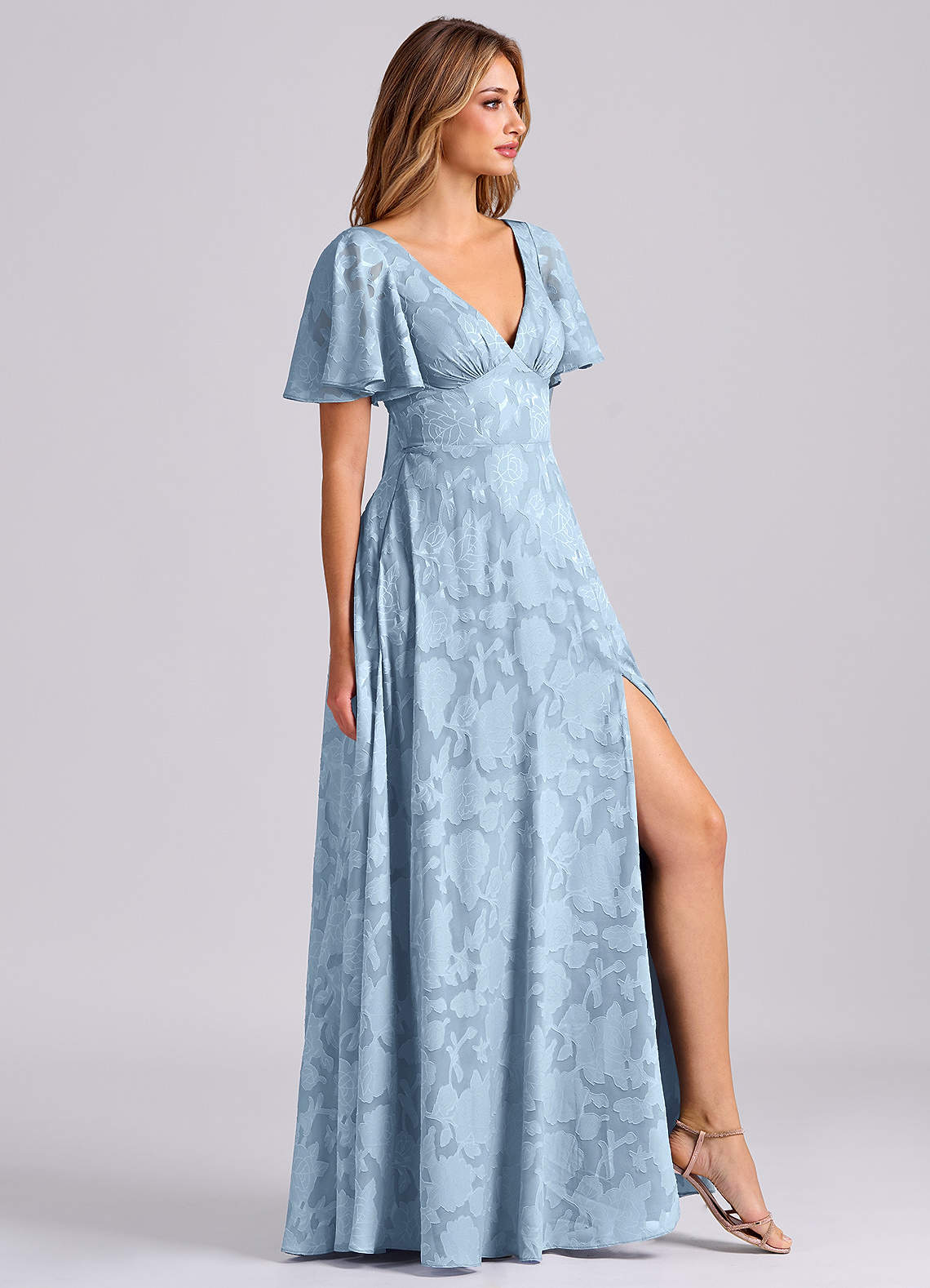 Kimber A-Line V-Neck Floral Burnout Bridesmaid Dress in Sky Blue