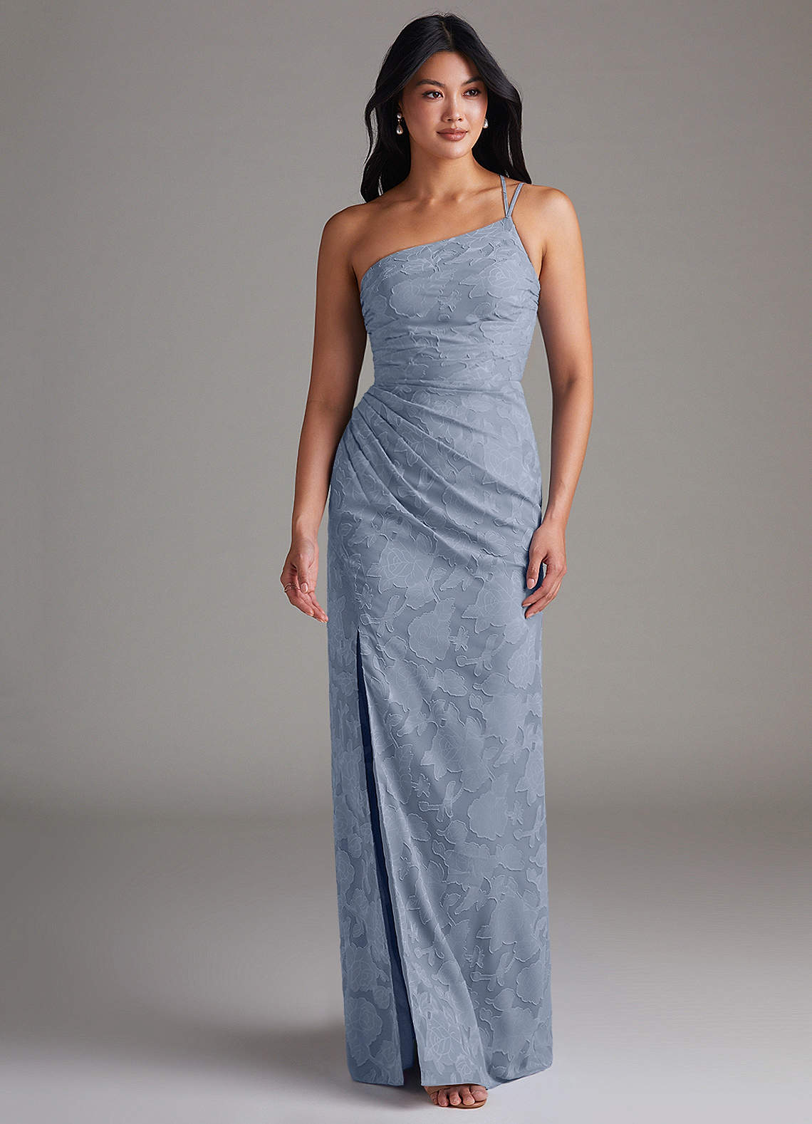 Eren Sheath One-Shoulder Floral Burnout Bridesmaid Dress in dusty blue