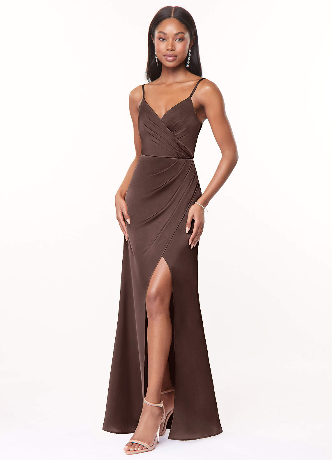 Maci A-Line V-Neck Stretch Satin Bridesmaid Dress in Ganache