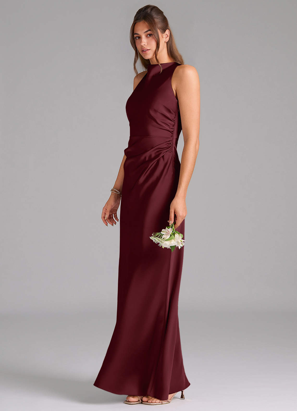 Evadne Sheath Scoop-Neck Stretch Satin Bridesmaid Dress in Cabernet