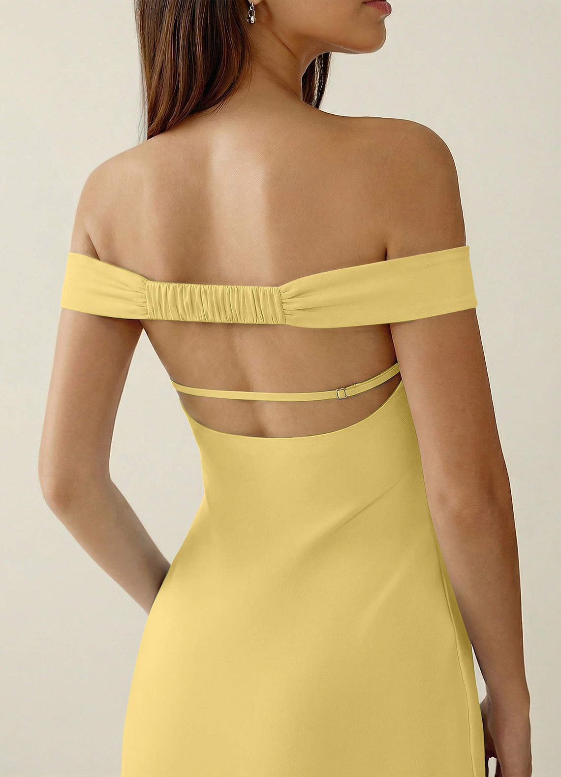 Gwendonme Sheath Off-the-Shoulder Satin Crystal Linen Evening Dress in Pastel Yellow