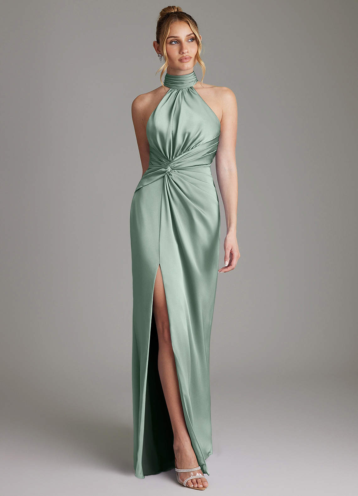 Gracelynn Sheath Halter Stretch Satin Bridesmaid Dress in Agave