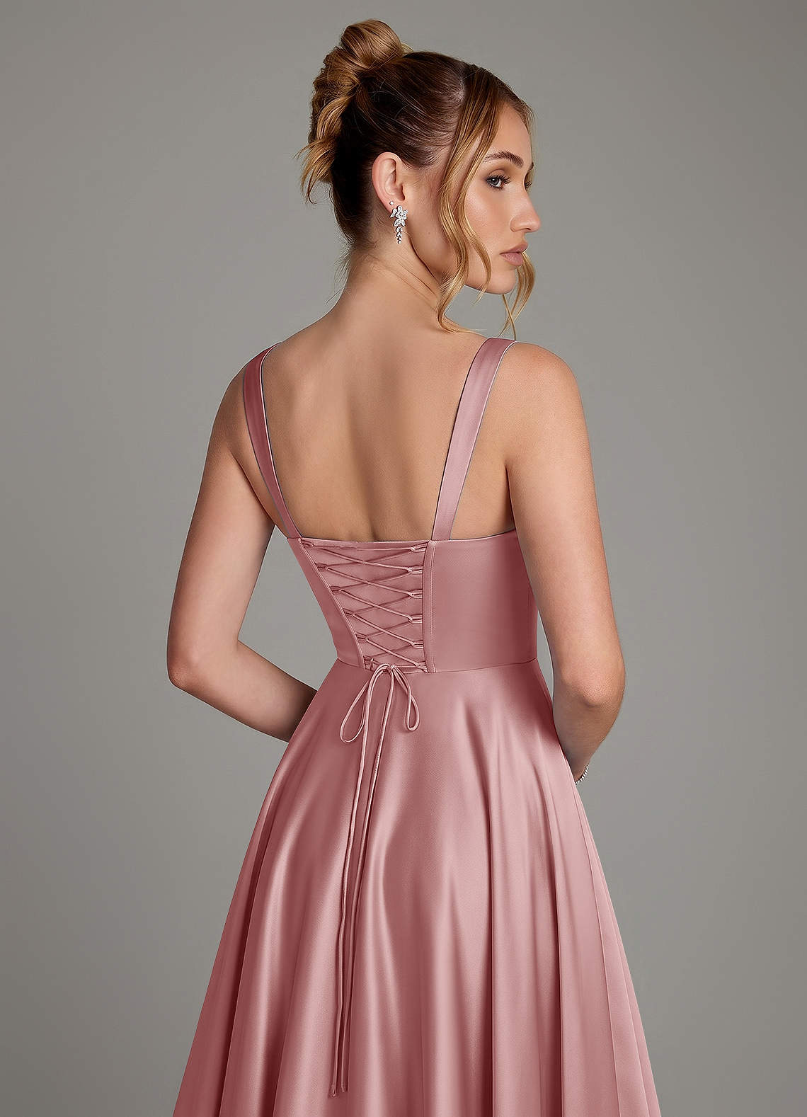 Azaria A-Line Square-Neck Stretch Satin Bridesmaid Dress in dusty rose