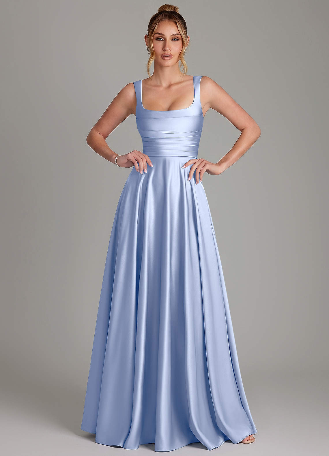 Azaria A-Line Square-Neck Stretch Satin Bridesmaid Dress in Ice