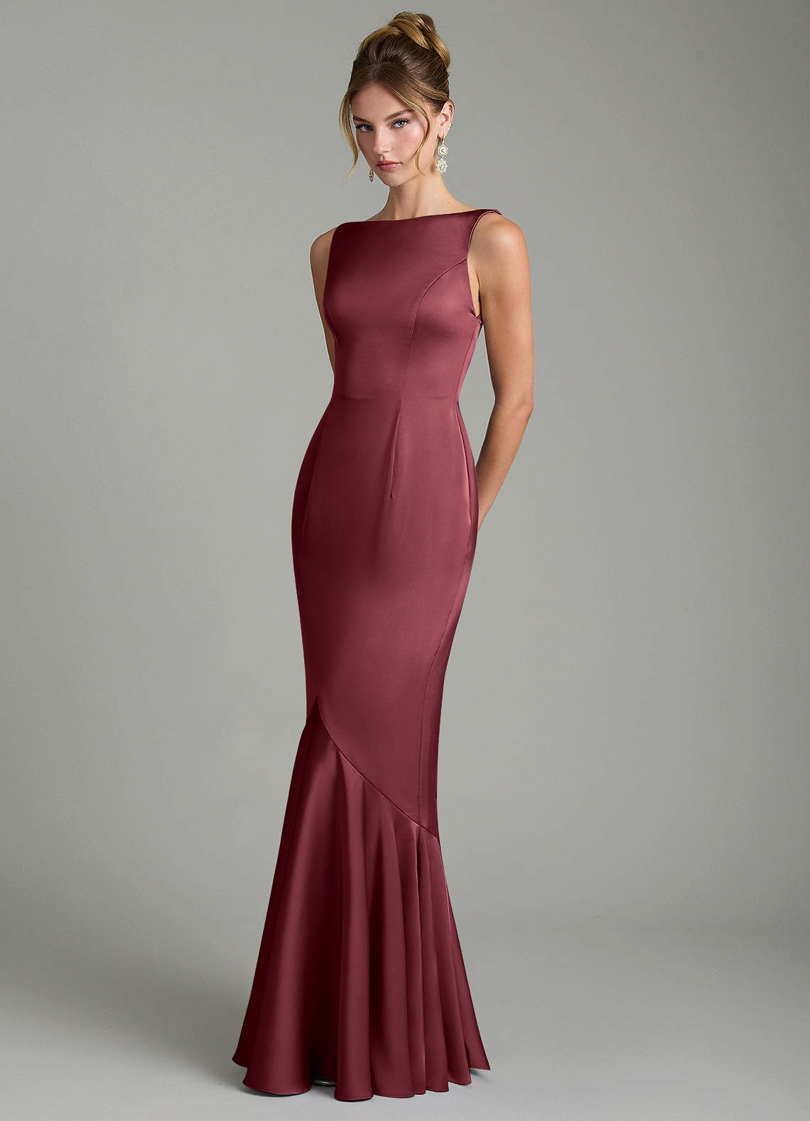 Tamera Mermaid Boat-Neck Stretch Satin and Chiffon Bridesmaid Dress in Merlot