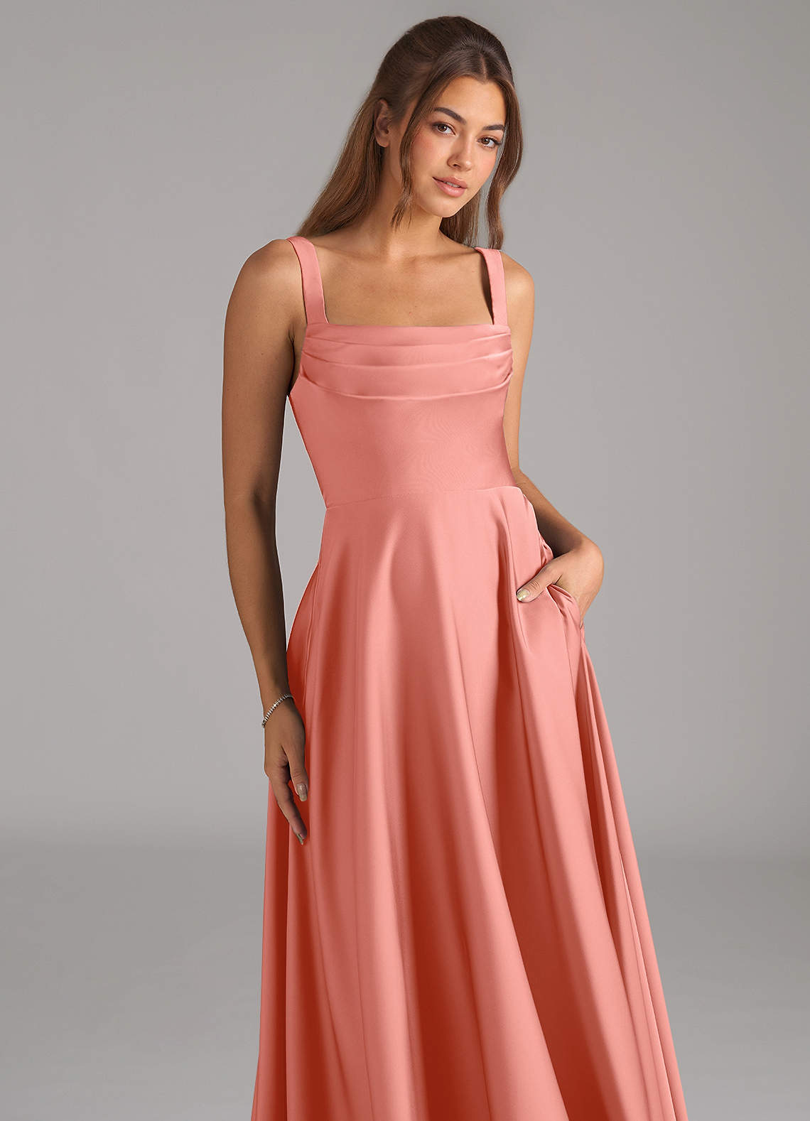 Shaude A-Line Square-Neck Stretch Satin Bridesmaid Dress in Coral