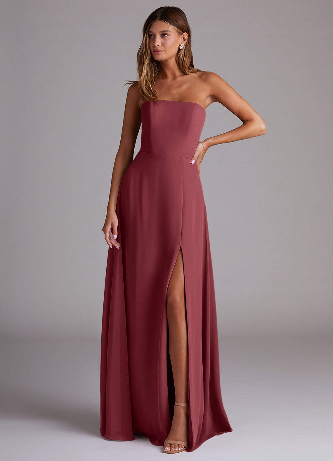 Wren A-Line Straight-Neck Chiffon Bridesmaid Dress in Merlot