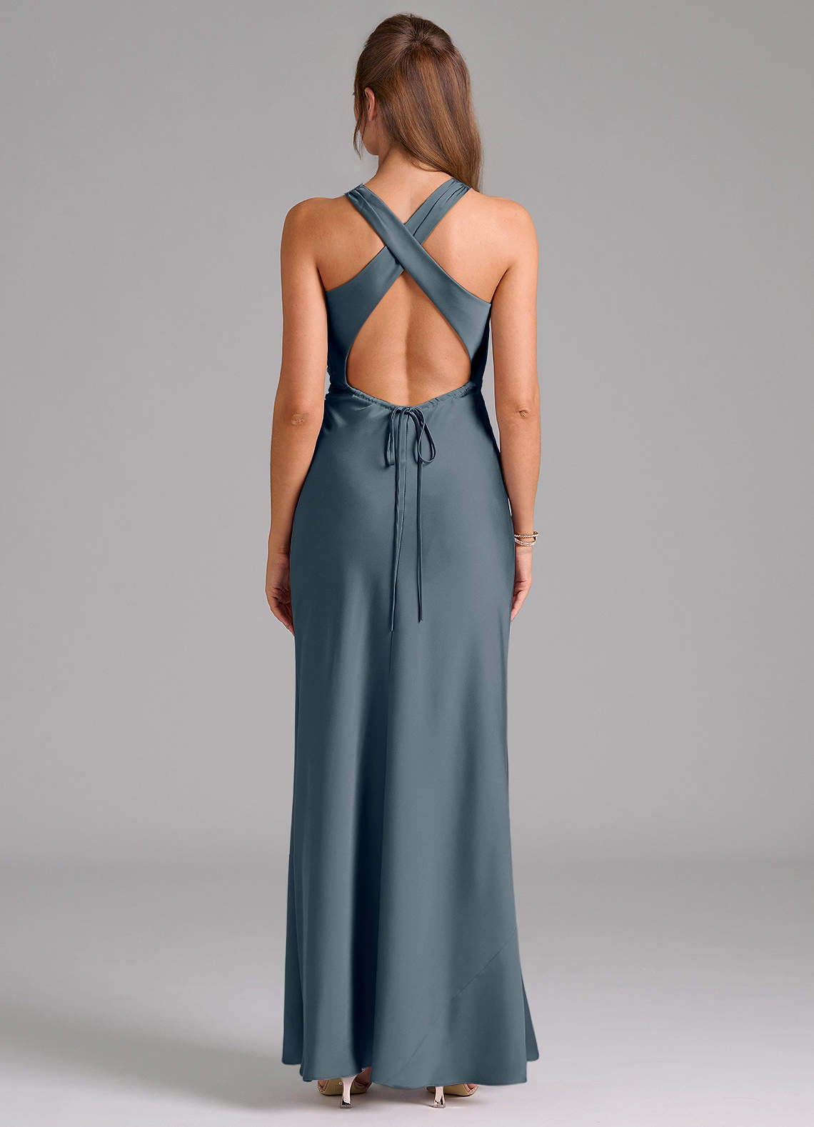 Evadne Sheath Scoop-Neck Stretch Satin Bridesmaid Dress in Twilight