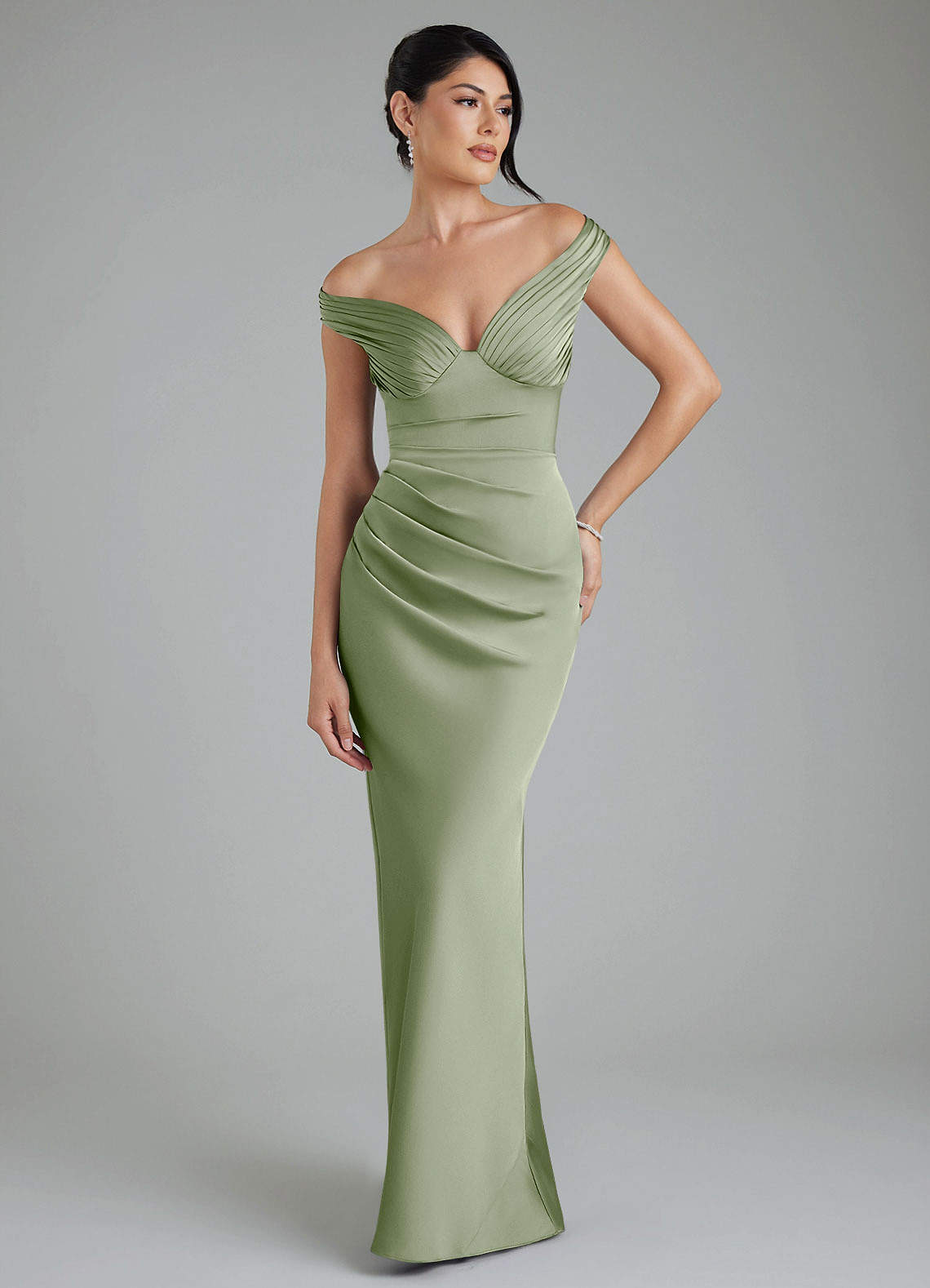 Stella Sheath V-Neck Stretch Satin Bridesmaid Dress in Dusty Sage