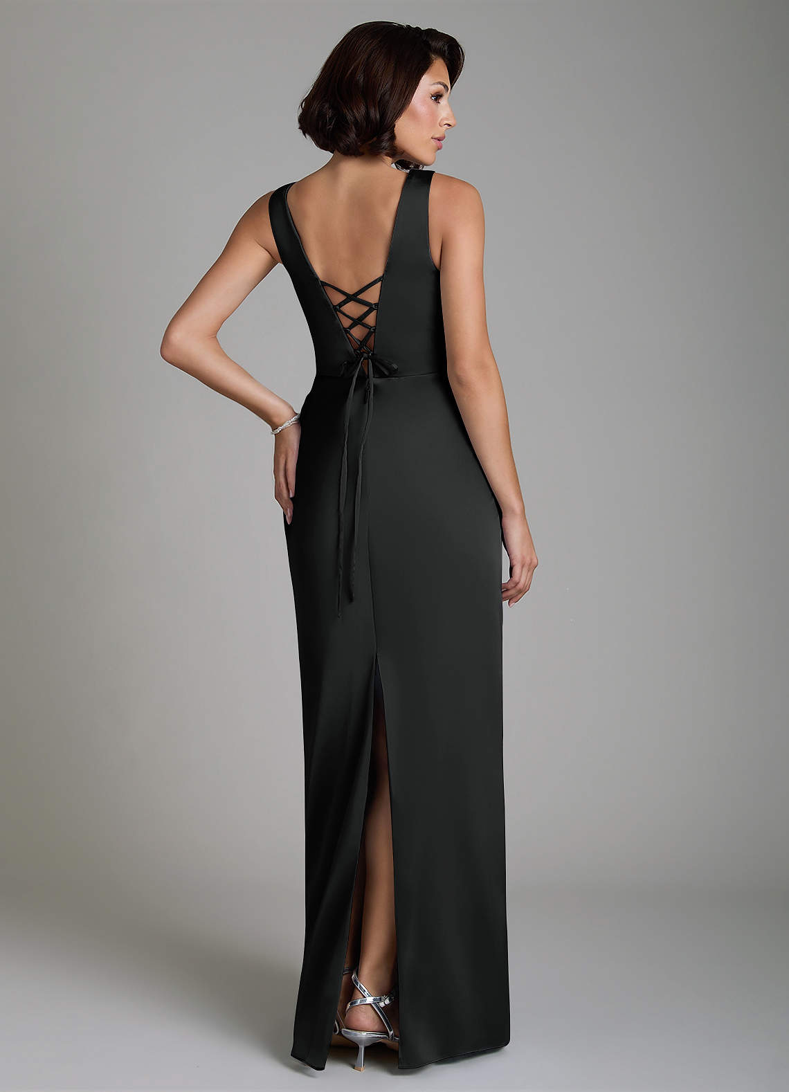 Vanya Sheath V-Neck Stretch Satin Bridesmaid Dress in black
