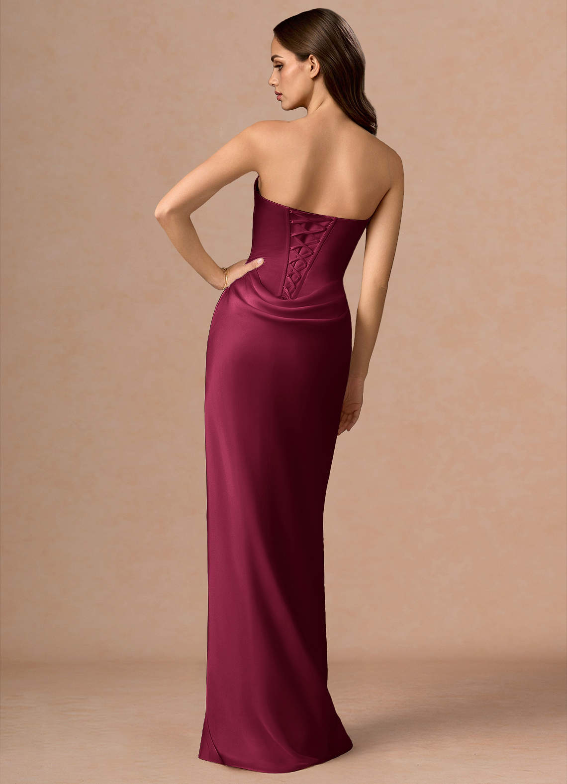 Valencia Scarf Lace-Up Stretch Satin Evening Dress in Merlot