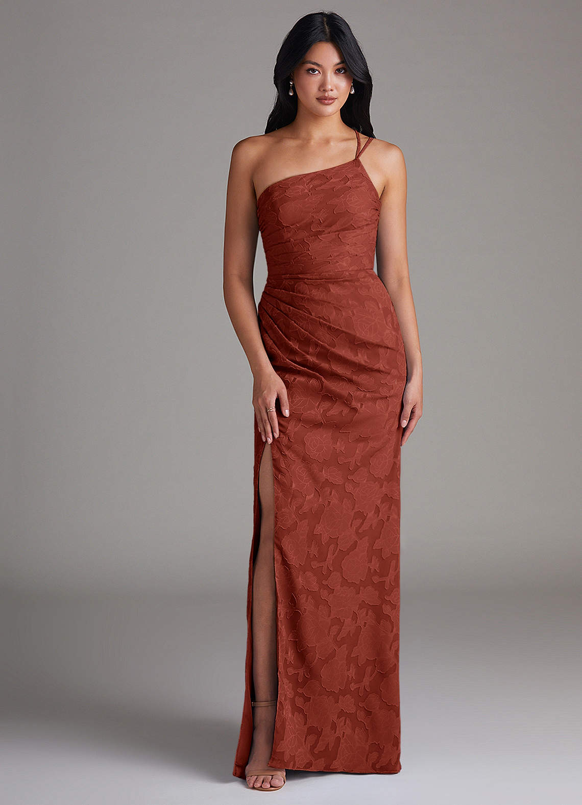 Eren Sheath One-Shoulder Floral Burnout Bridesmaid Dress in Terracotta