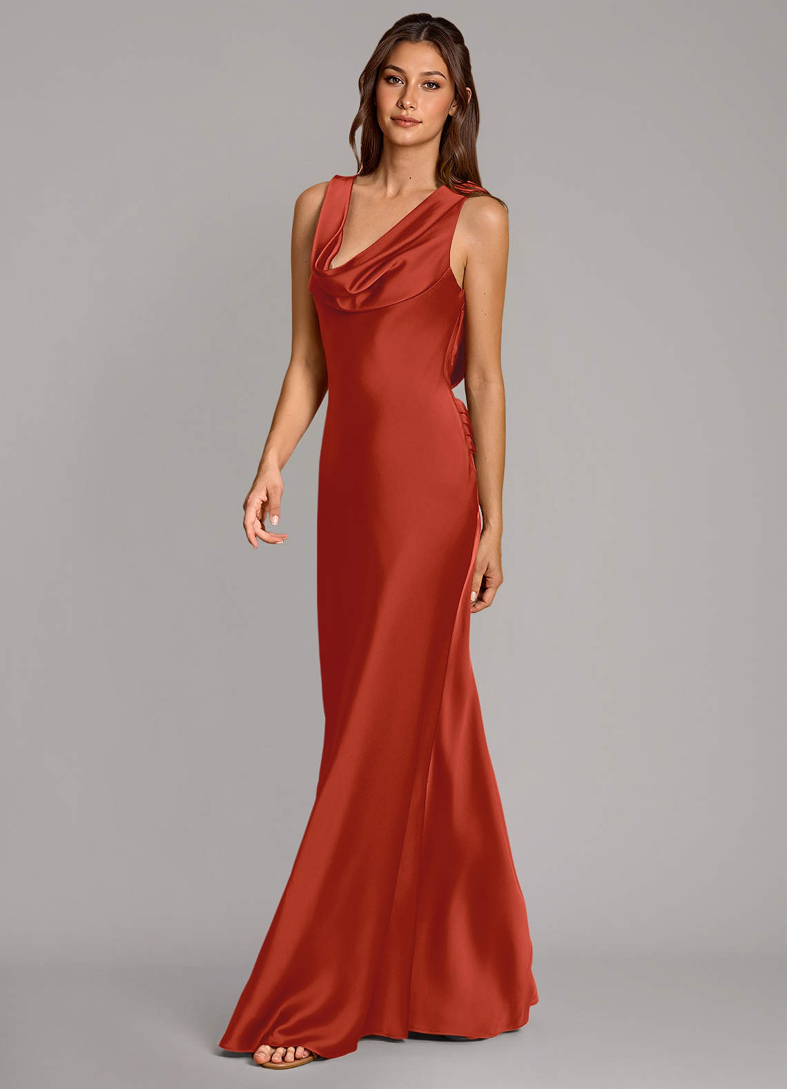 Cheryl Mermaid Cowl-Neck Stretch Satin Bridesmaid Dress in Rust
