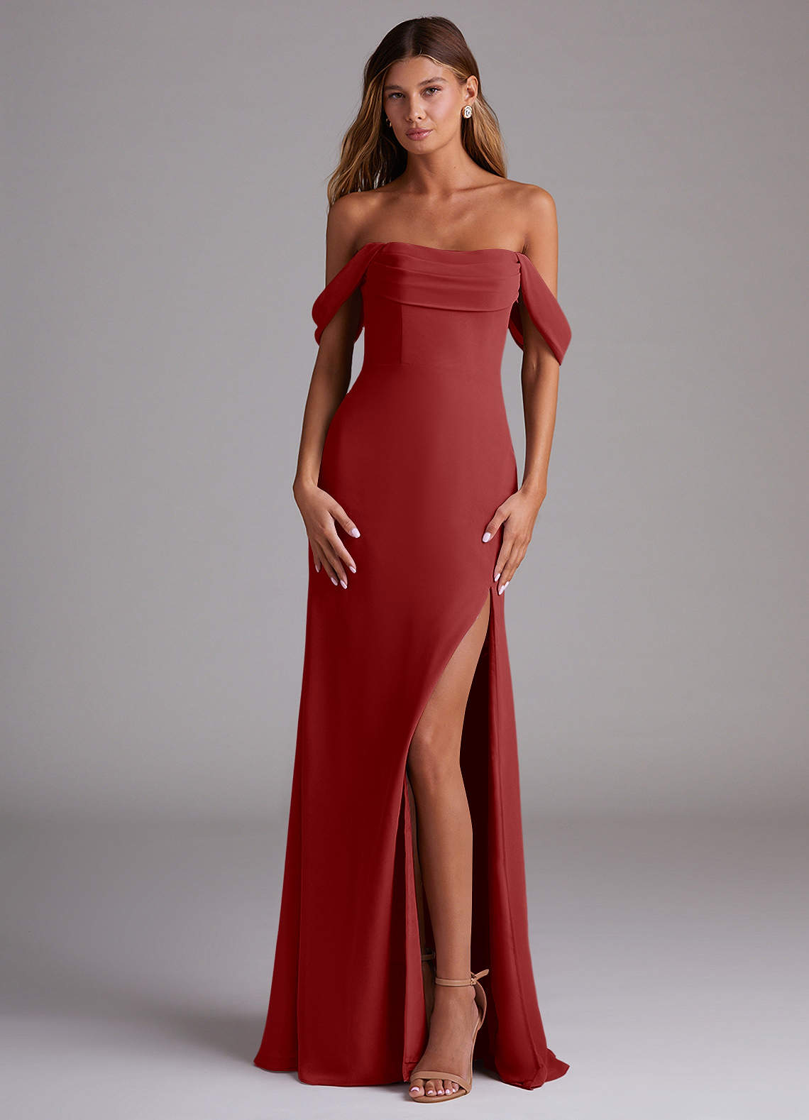 Saige A-Line Off-the-Shoulder Chiffon Bridesmaid Dress in Rust