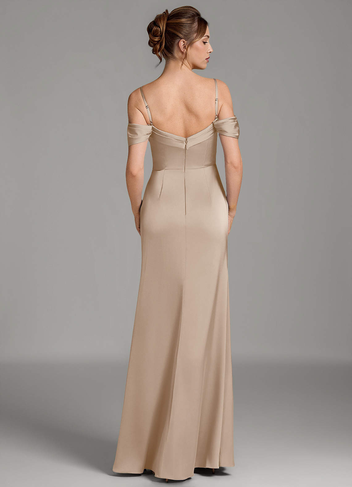 Wyatt Mermaid Off-the-Shoulder Stretch Satin Bridesmaid Dress in Taupe
