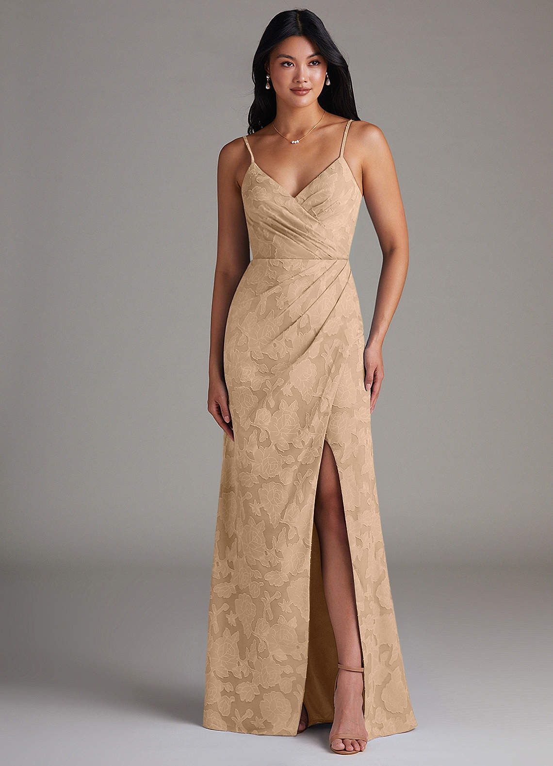 Maci Sheath V-Neck Floral Burnout Bridesmaid Dress in Champagne