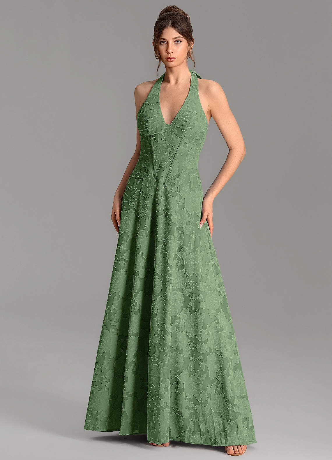 Nia A-Line V-Neck Floral Burnout Bridesmaid Dress in Eucalyptus
