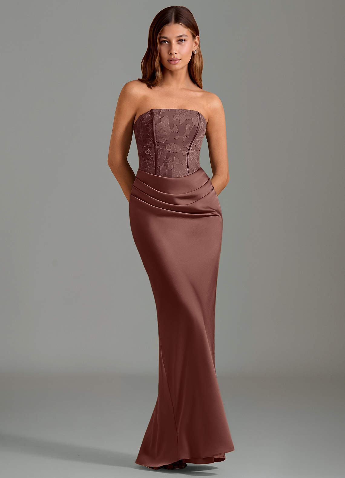 Emilia Mermaid Strapless Stretch Satin and Floral Burnout Bridesmaid Dress in Espresso