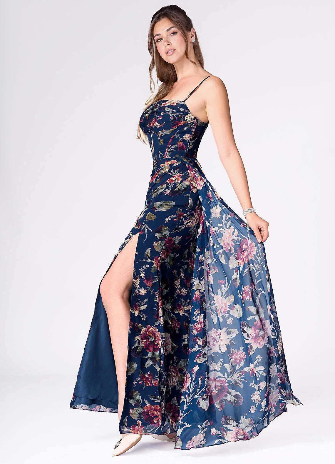 Aurra A-Line Pleated Floral Chiffon Wedding Guest Dress in Navy Multi