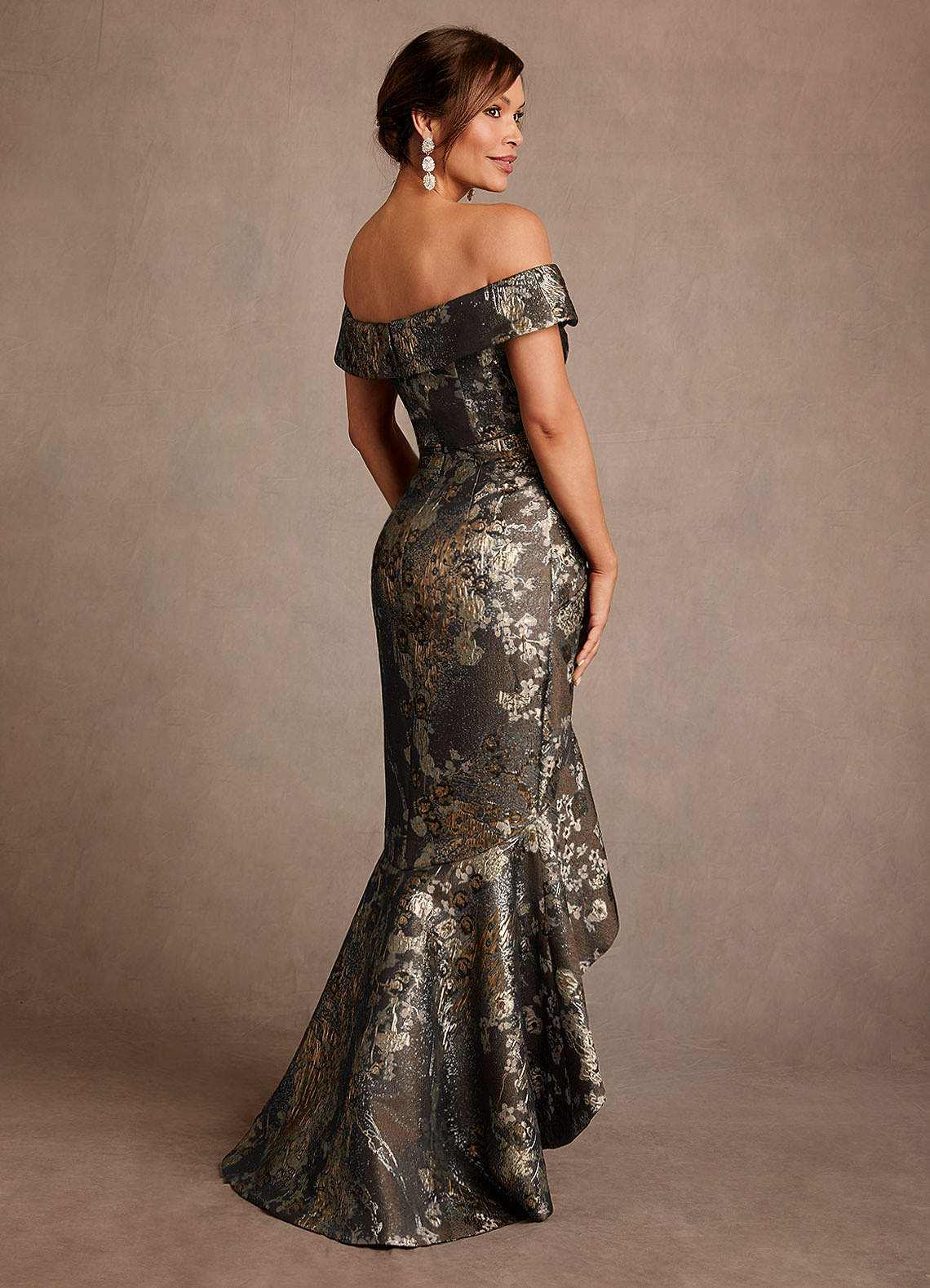 Winnetka Mermaid Off-the-Shoulder Jacquard Mother of the Bride Dress in Mocha Coco