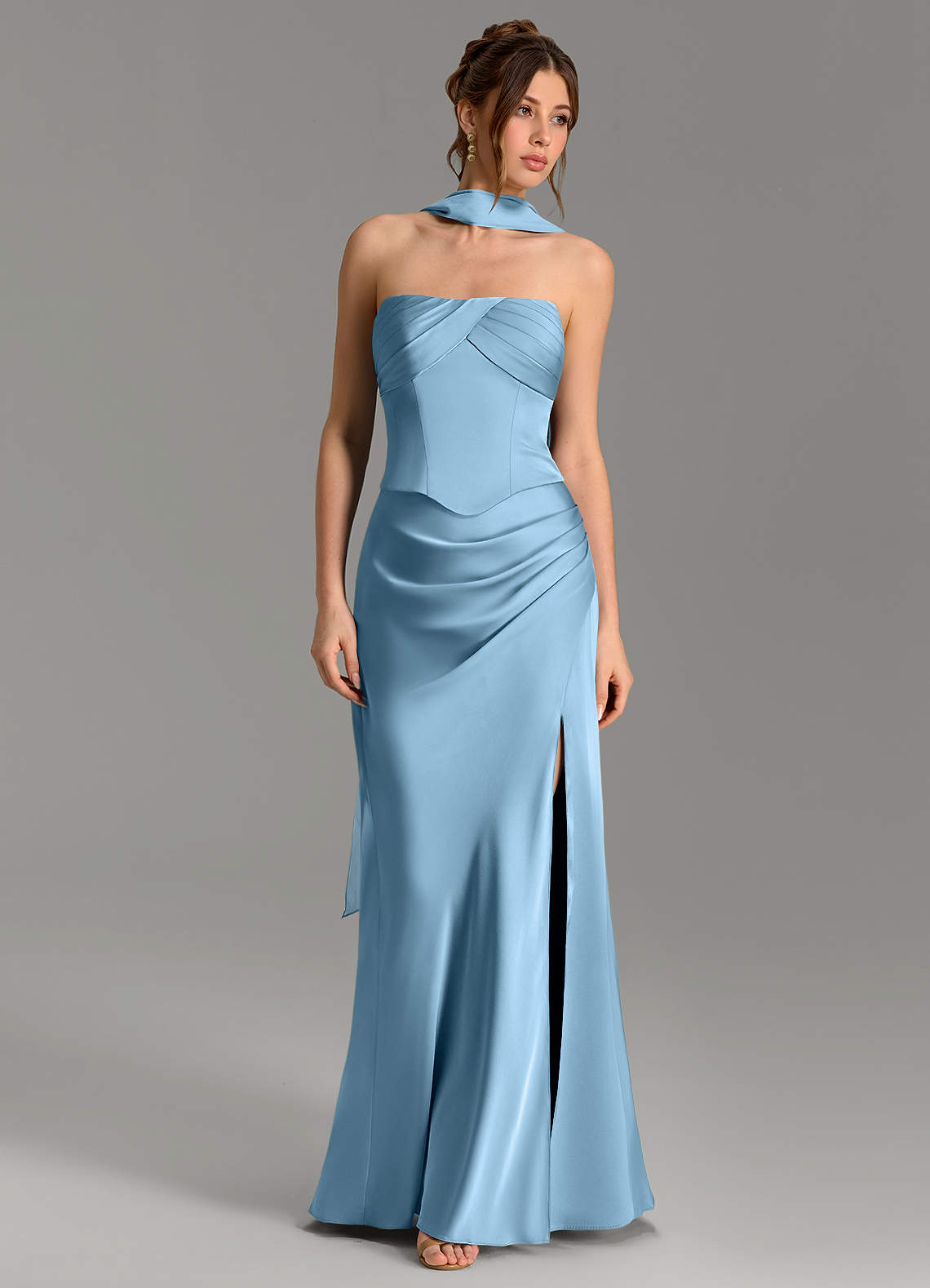 Nicki Sheath Scoop-Neck Stretch Satin Bridesmaid Dress in Steel Blue